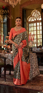 Rewaa Devsena R-686 Metallic Grey & Peach Orange Banarasi Silk Saree with Geometric Zari Jaal