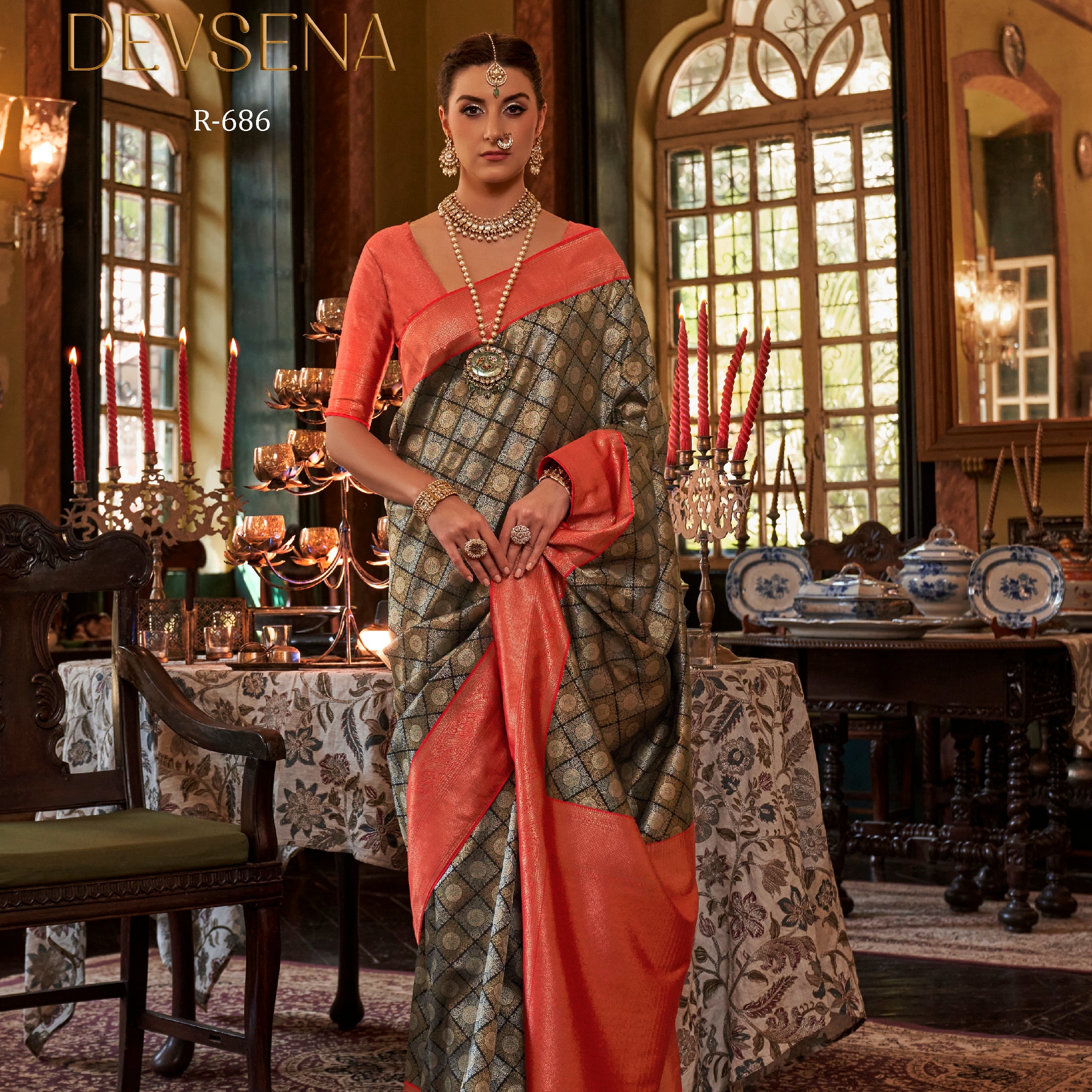 Rewaa Devsena R-686 Metallic Grey & Peach Orange Banarasi Silk Saree with Geometric Zari Jaal