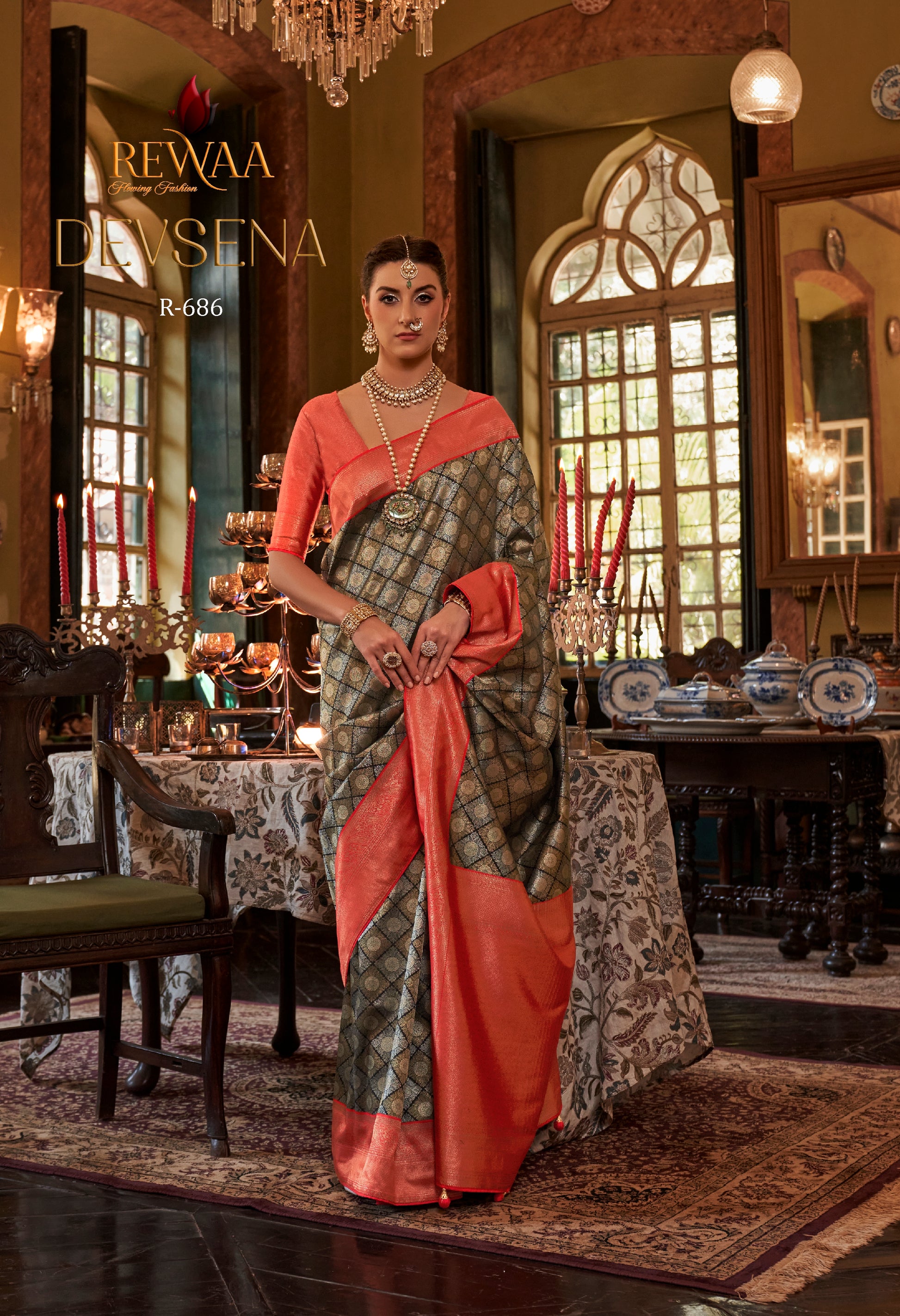 Rewaa Devsena R-686 Metallic Grey & Peach Orange Banarasi Silk Saree with Geometric Zari Jaal