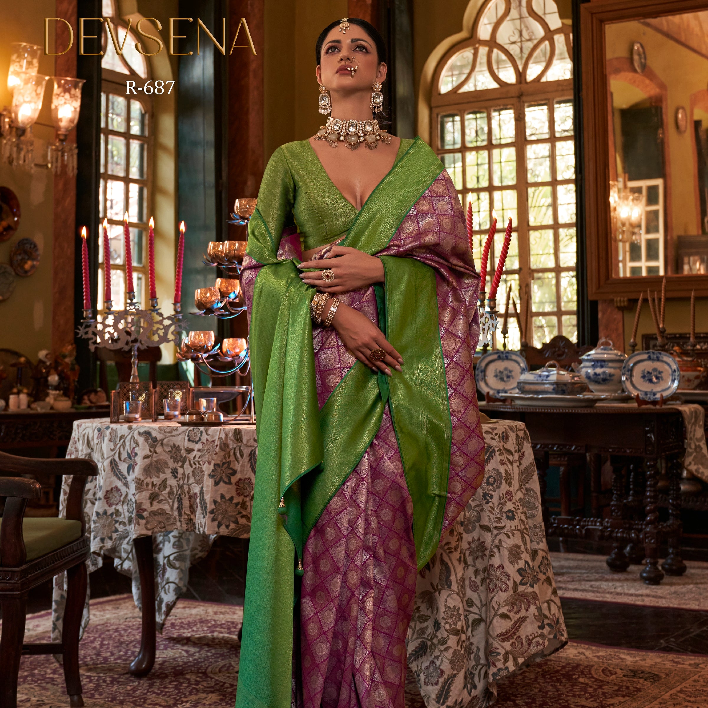 Rewaa Devsena R-687 Royal Purple & Leaf Green Banarasi Silk Saree with Allover Zari Jaal Work