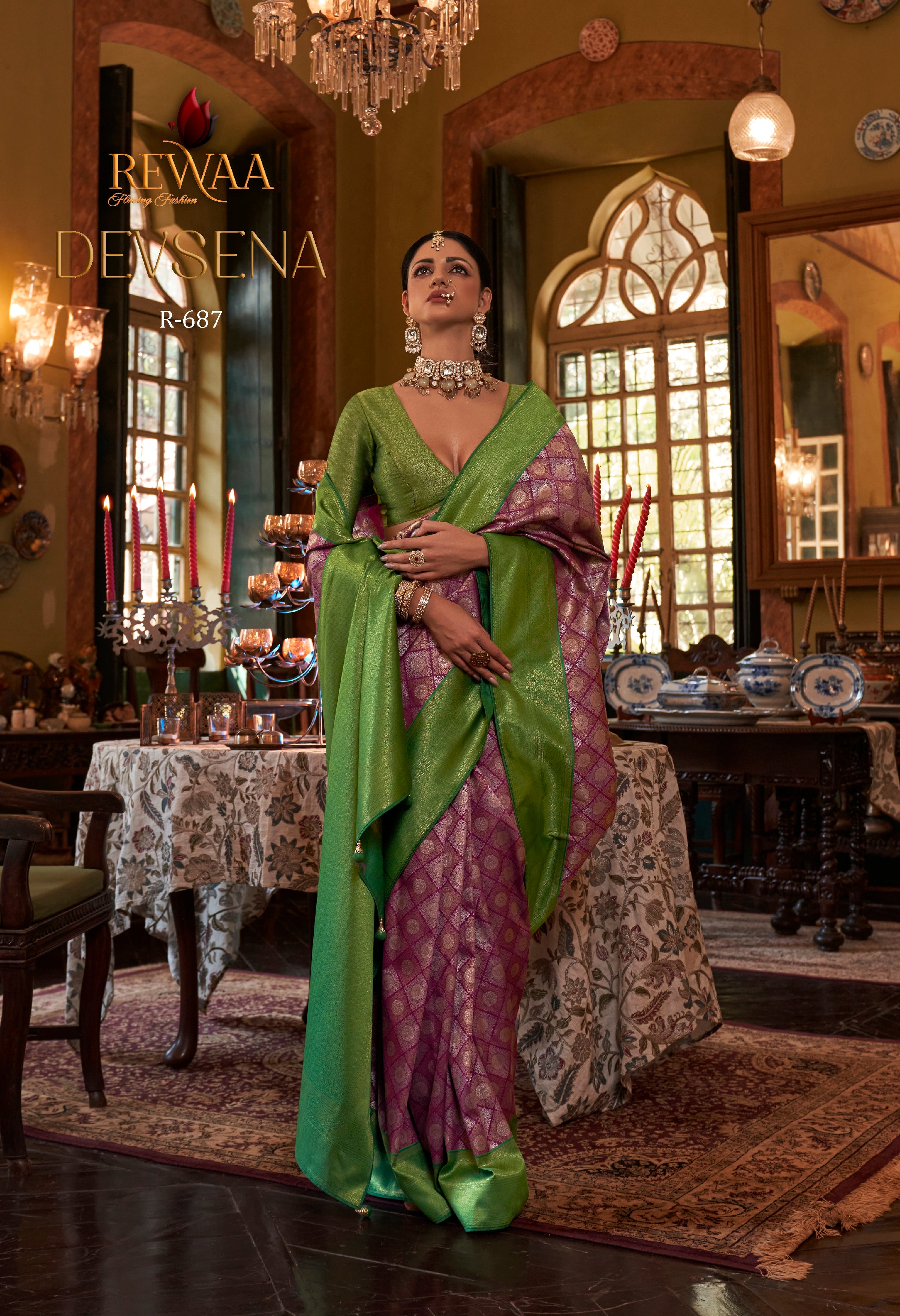 Rewaa Devsena R-687 Royal Purple & Leaf Green Banarasi Silk Saree with Allover Zari Jaal Work