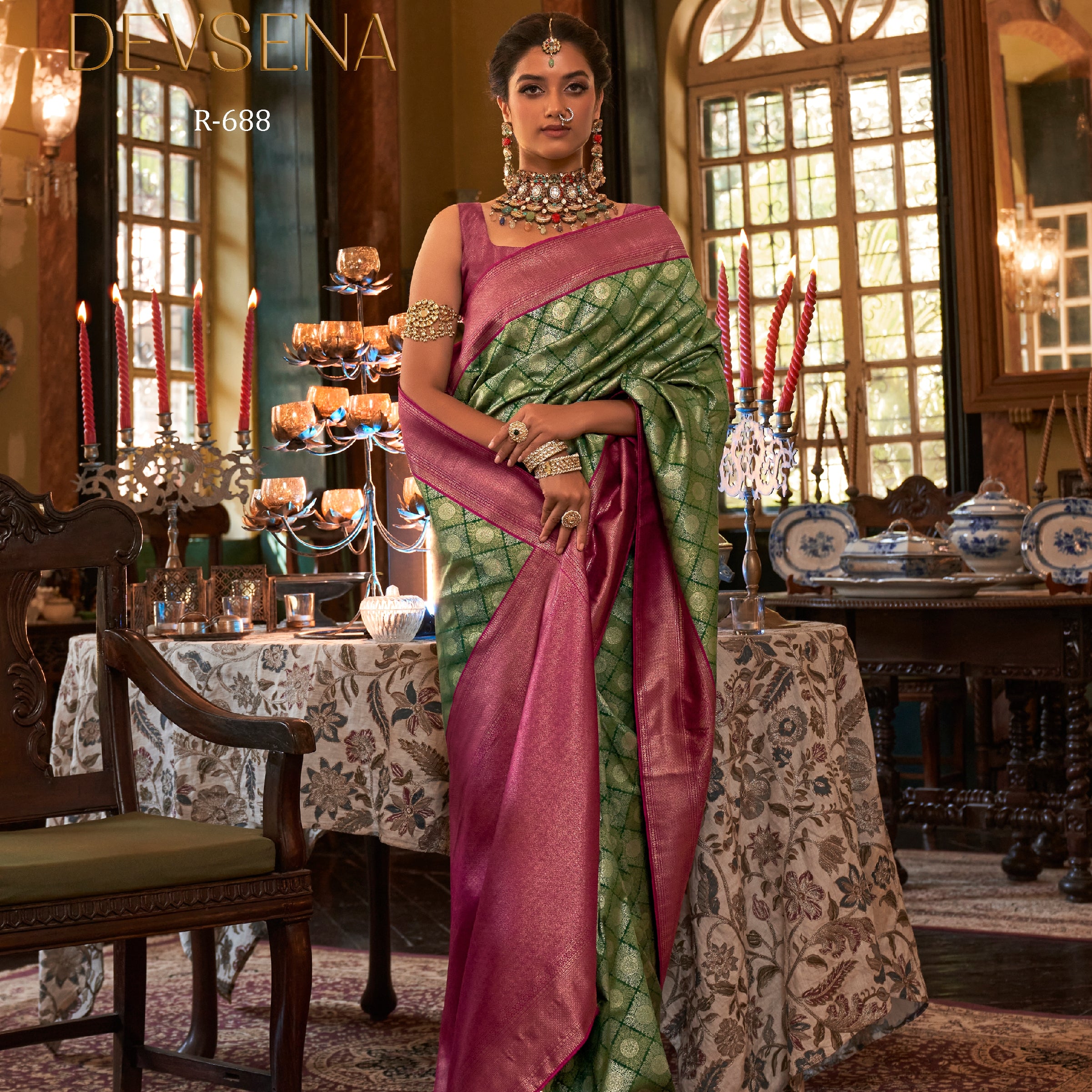 Rewaa Devsena R-688 Rich Emerald Green & Magenta Banarasi Silk Saree with Allover Zari Jaal