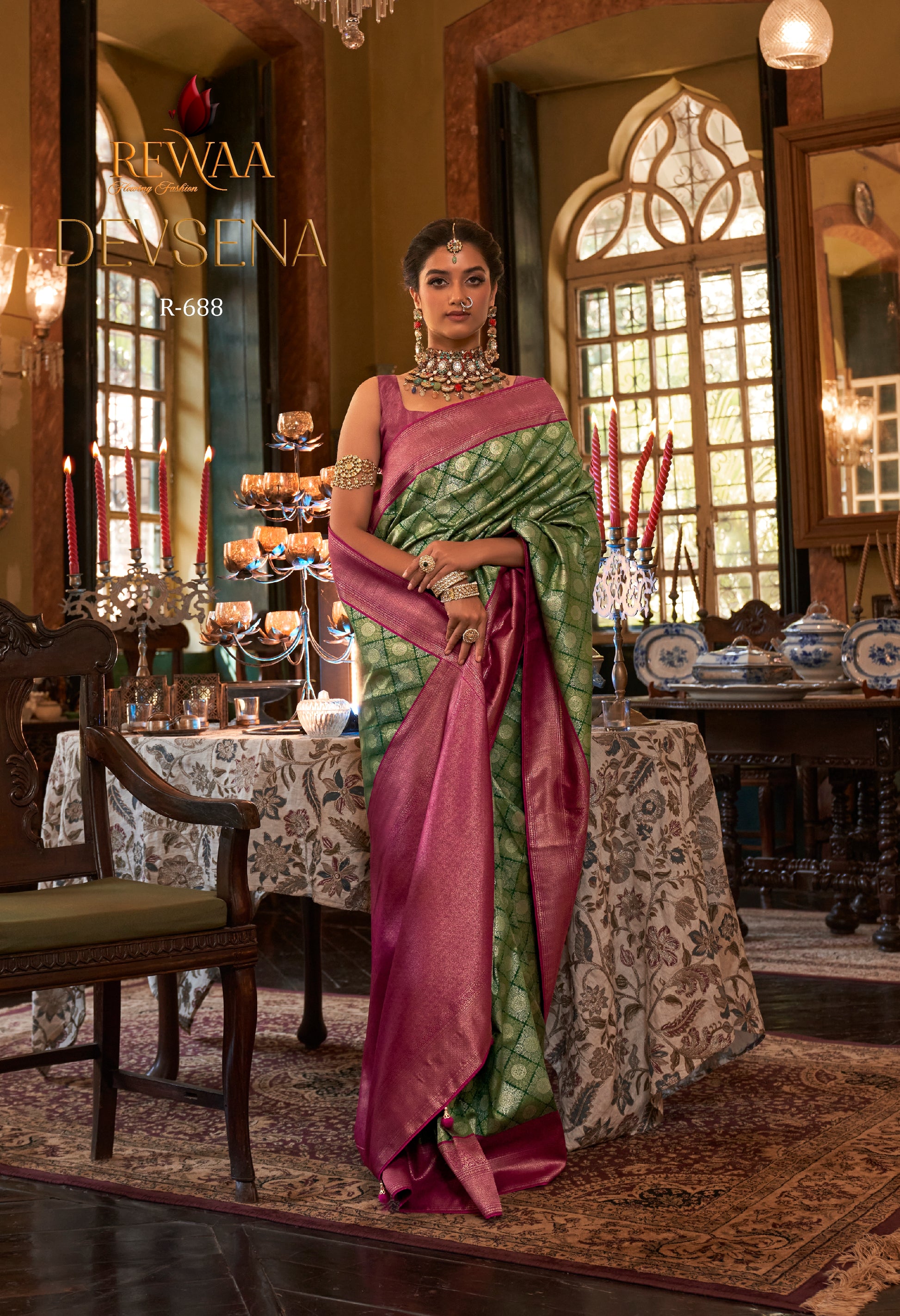 Rewaa Devsena R-688 Rich Emerald Green & Magenta Banarasi Silk Saree with Allover Zari Jaal