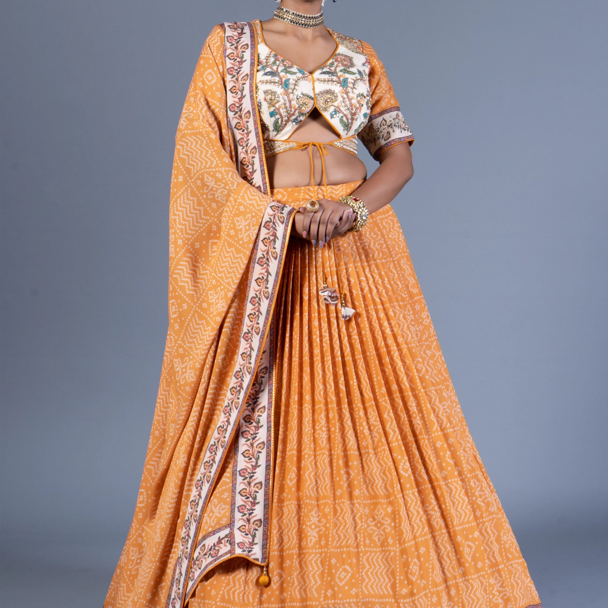 Mustard Yellow Bandhani Print Pleated Lehenga Choli with Embroidered Blouse and Dupatta