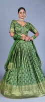 Olive Green Patola Print Pleated Lehenga Choli with Embroidered Silk Blouse and Zari Border