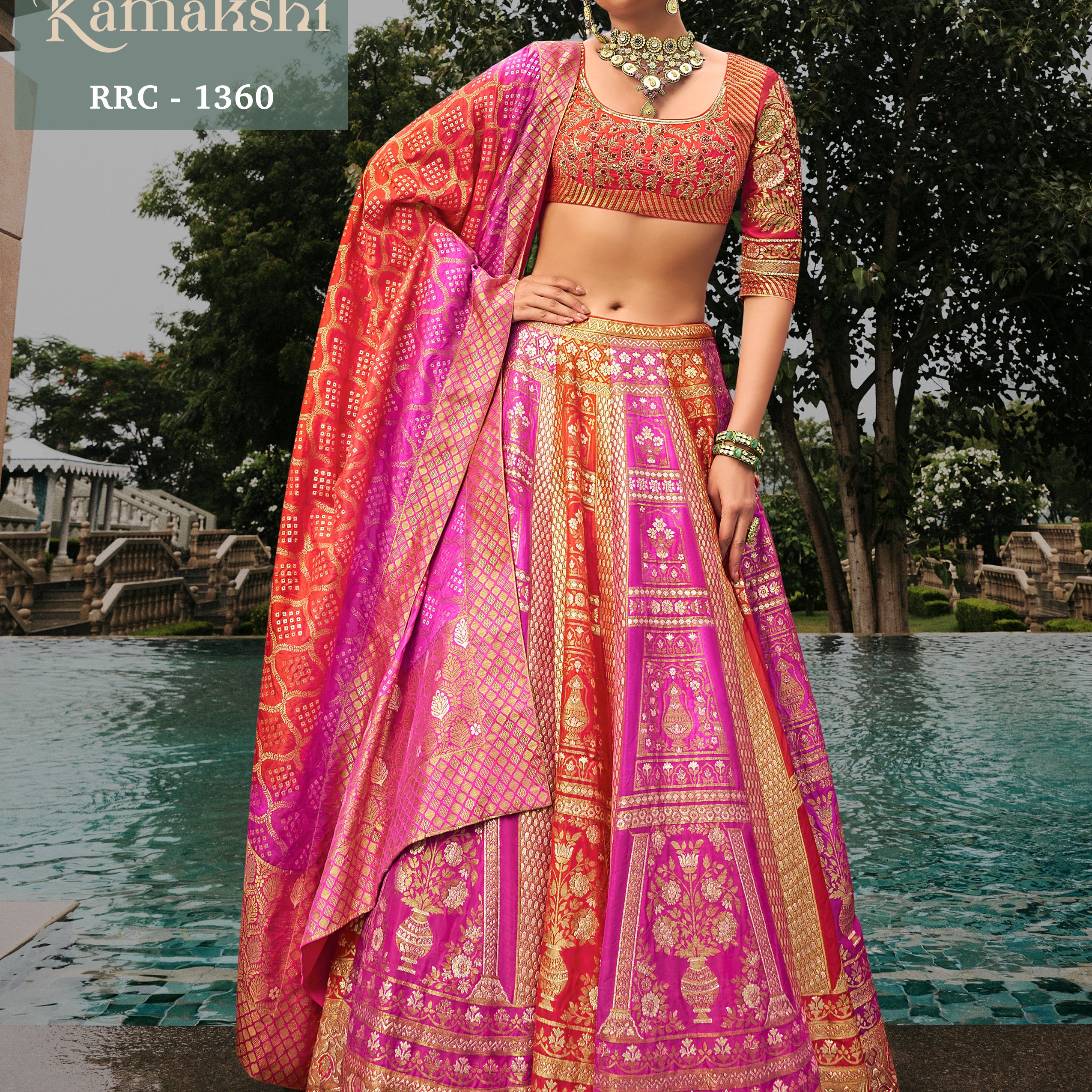 Pink & Orange Banarasi Silk Bandhani Print Lehenga Choli with Zari Embroidery