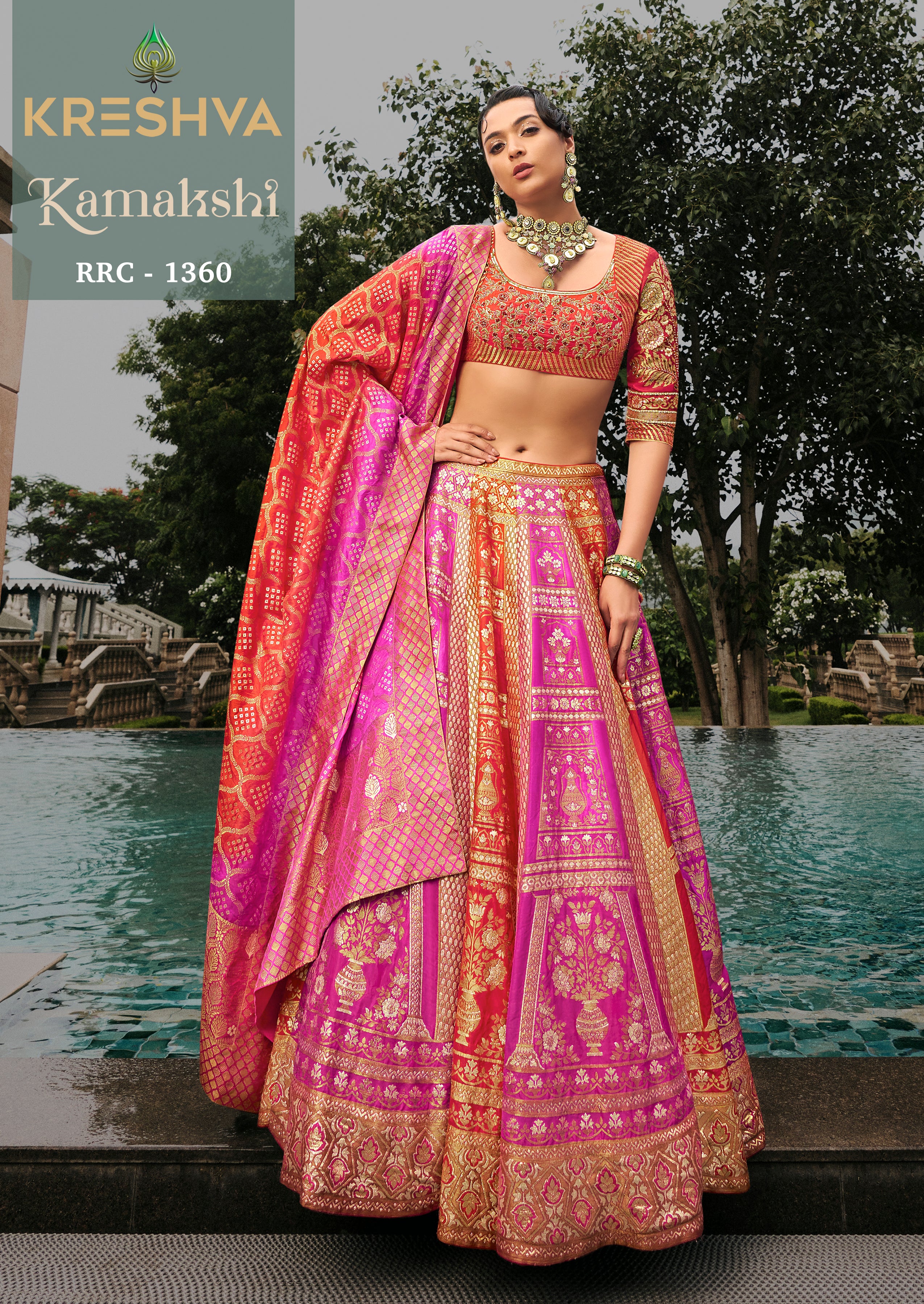 Pink & Orange Banarasi Silk Bandhani Print Lehenga Choli with Zari Embroidery