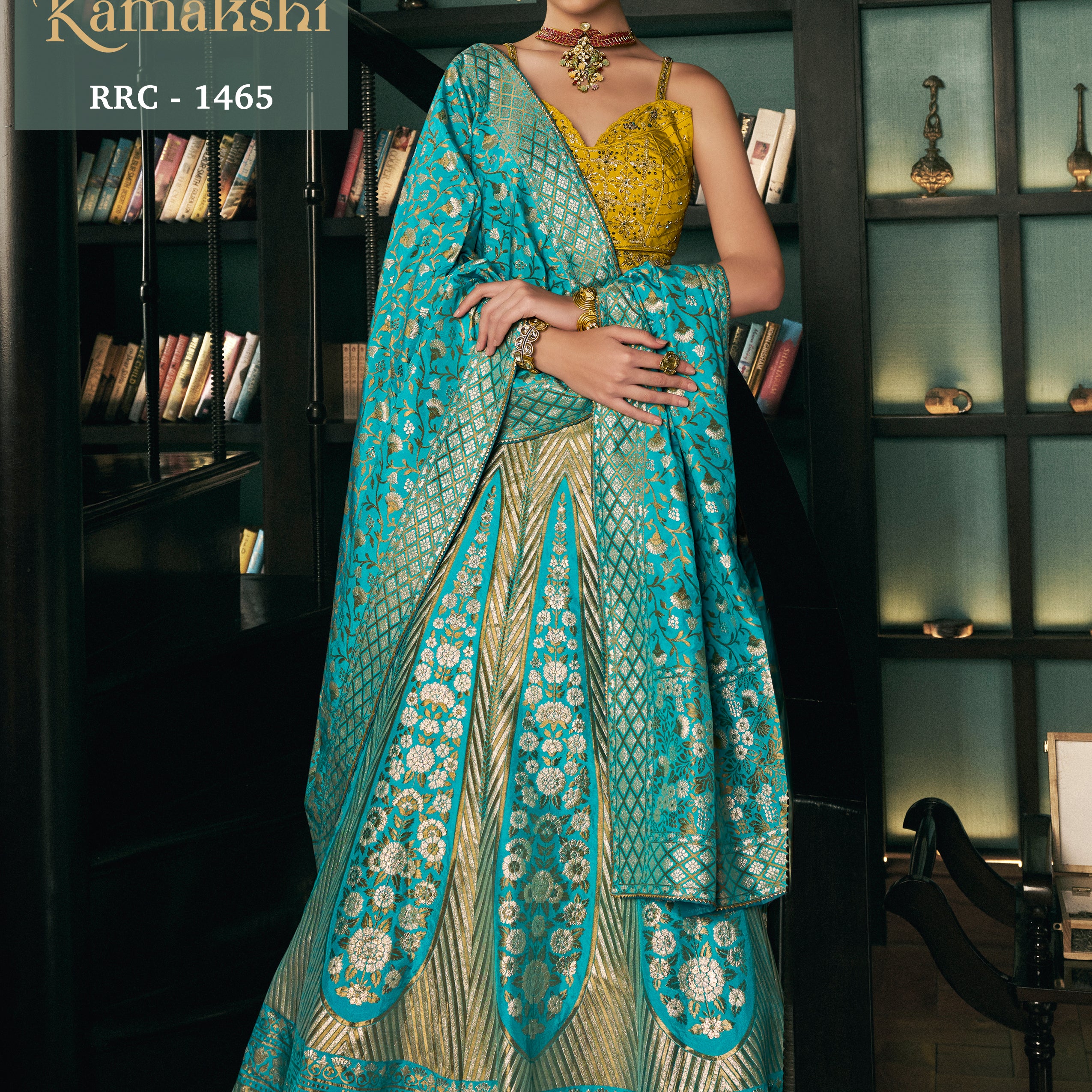 Turquoise Blue & Yellow Banarasi Silk Lehenga Choli with Gold Zari Kalis