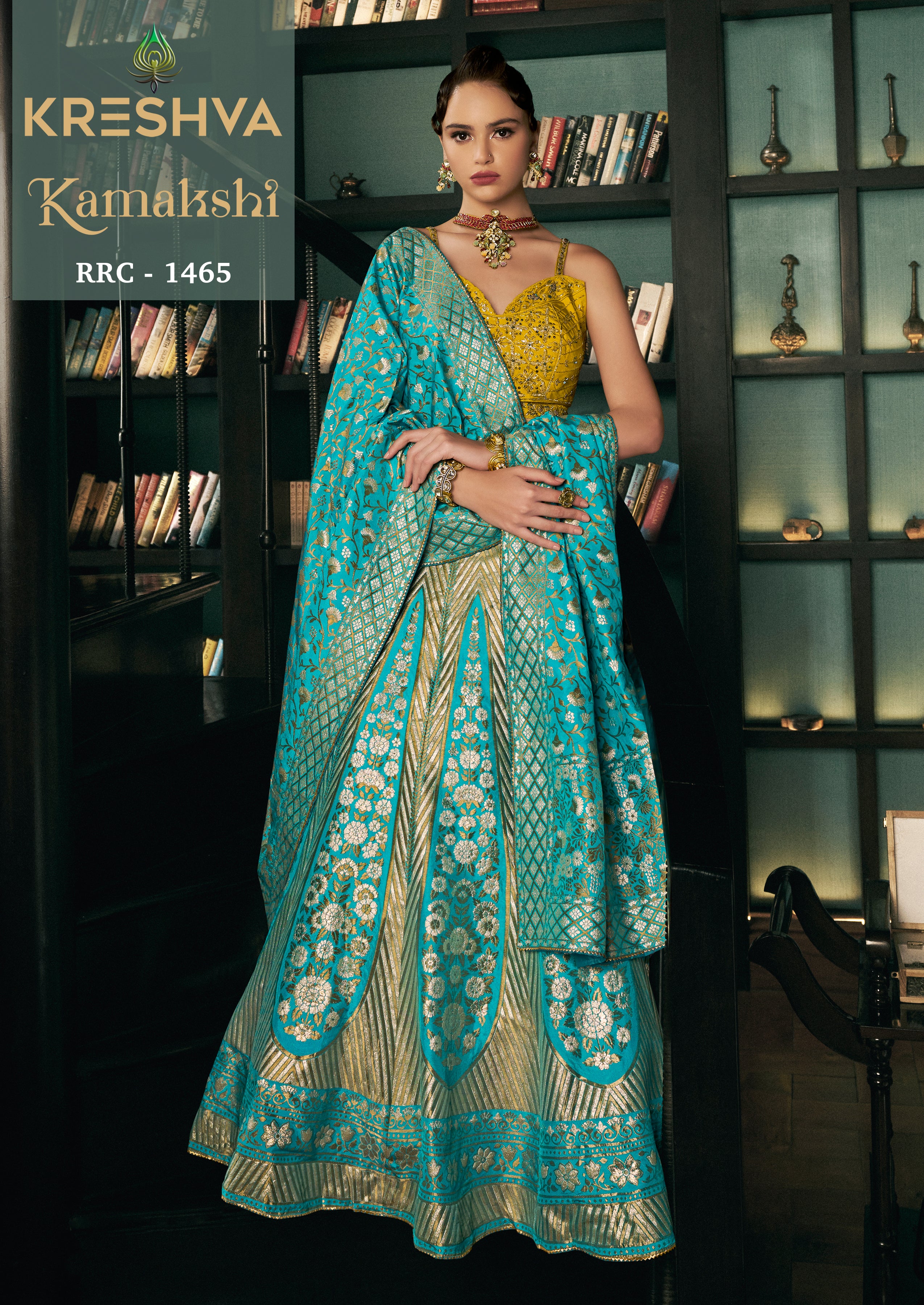 Turquoise Blue & Yellow Banarasi Silk Lehenga Choli with Gold Zari Kalis