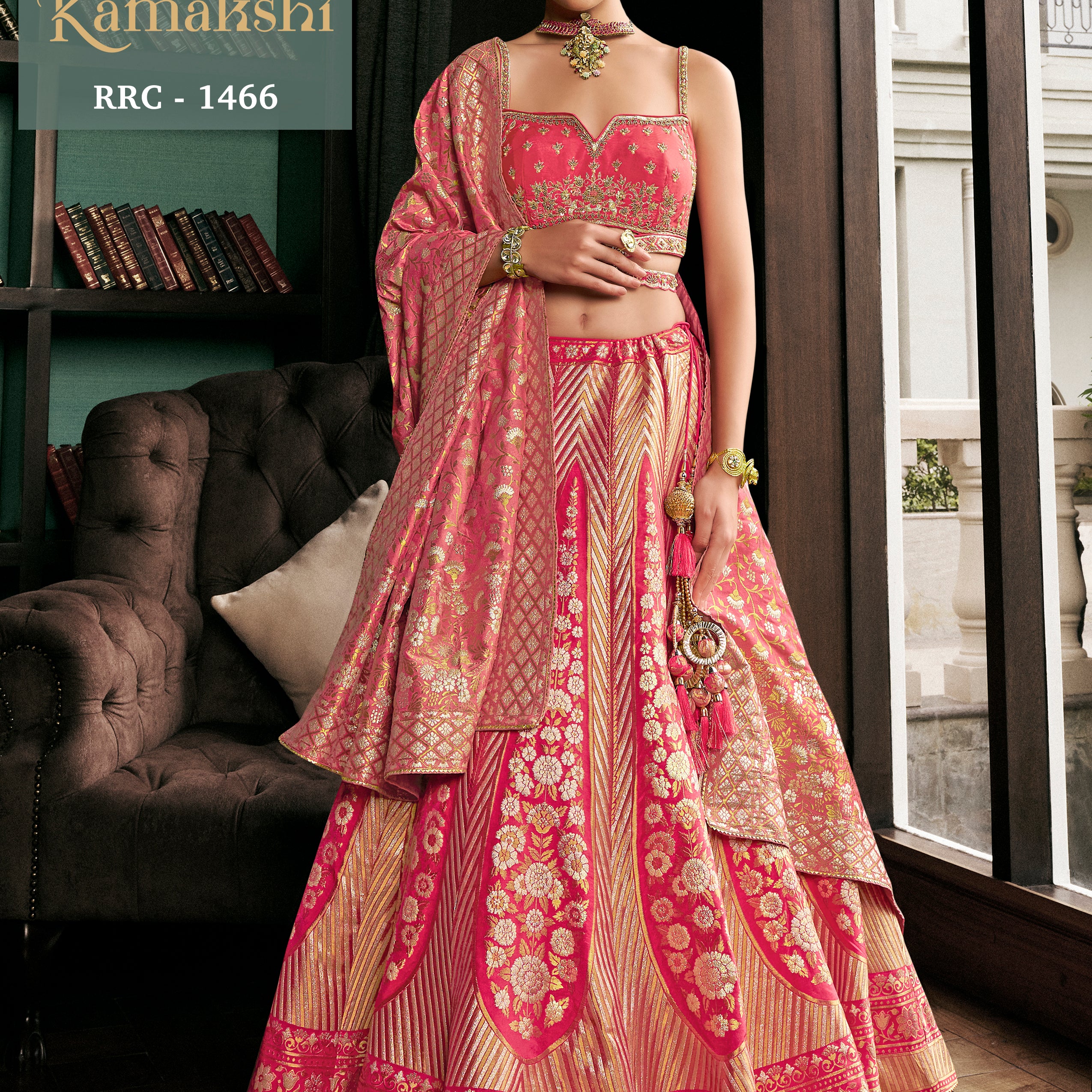 Rani Pink Banarasi Silk Lehenga Choli with Gold Zari Weaving & Embroidered Bustier