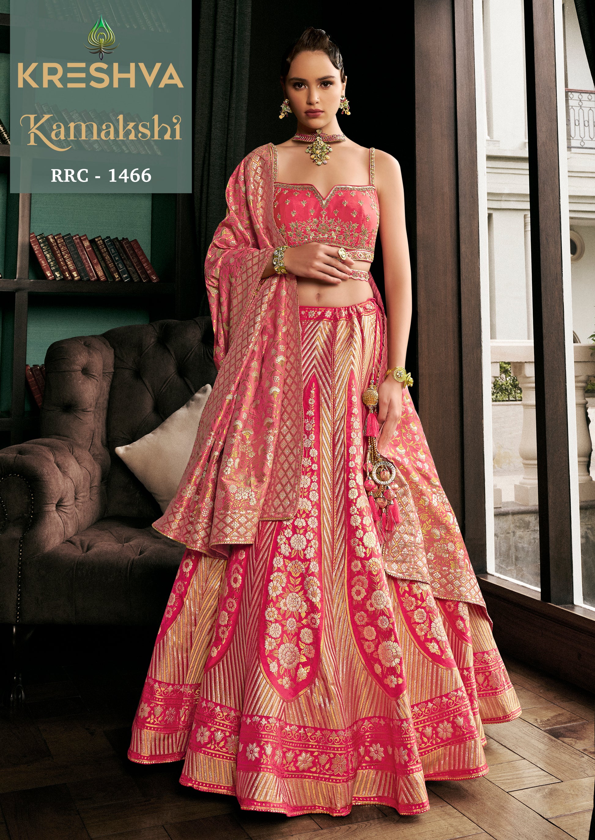 Rani Pink Banarasi Silk Lehenga Choli with Gold Zari Weaving & Embroidered Bustier
