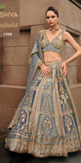 Dusty Blue & Antique Gold Banarasi Silk Lehenga Choli with Embroidered V-Neck Blouse