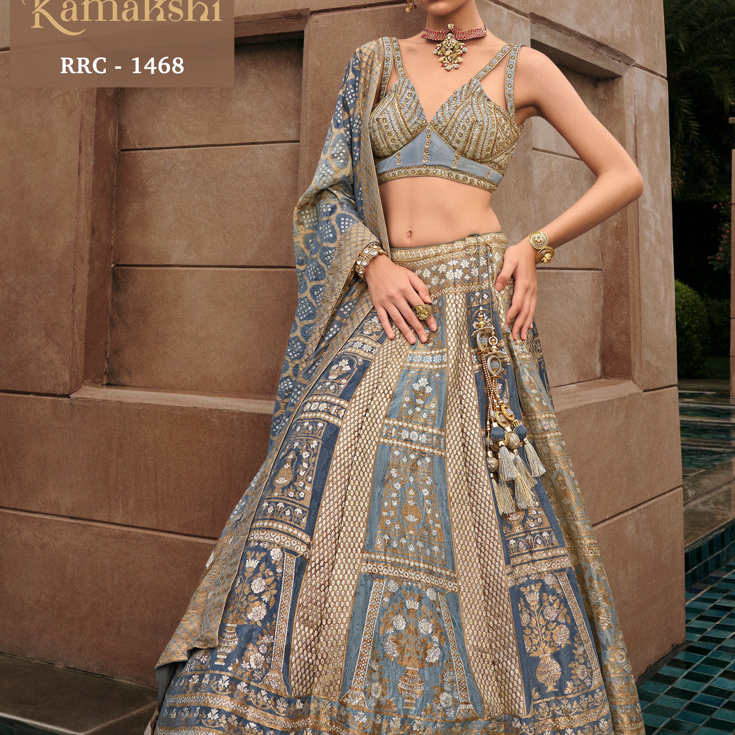 Dusty Blue & Antique Gold Banarasi Silk Lehenga Choli with Embroidered V-Neck Blouse