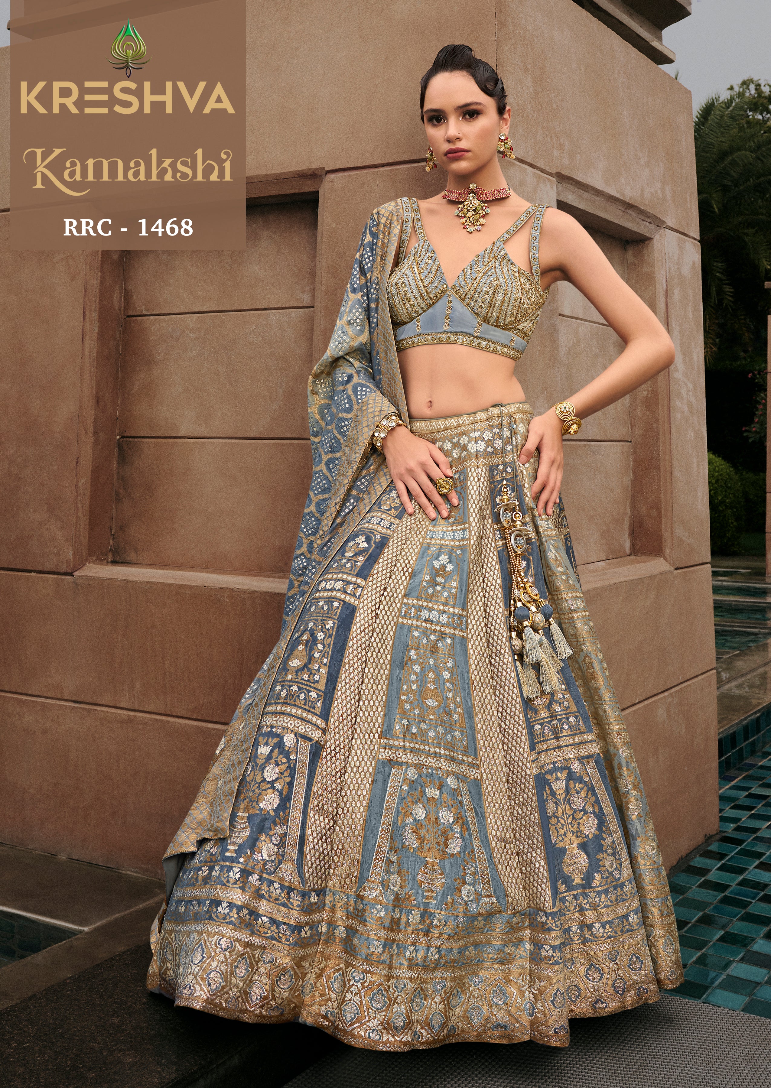 Dusty Blue & Antique Gold Banarasi Silk Lehenga Choli with Embroidered V-Neck Blouse