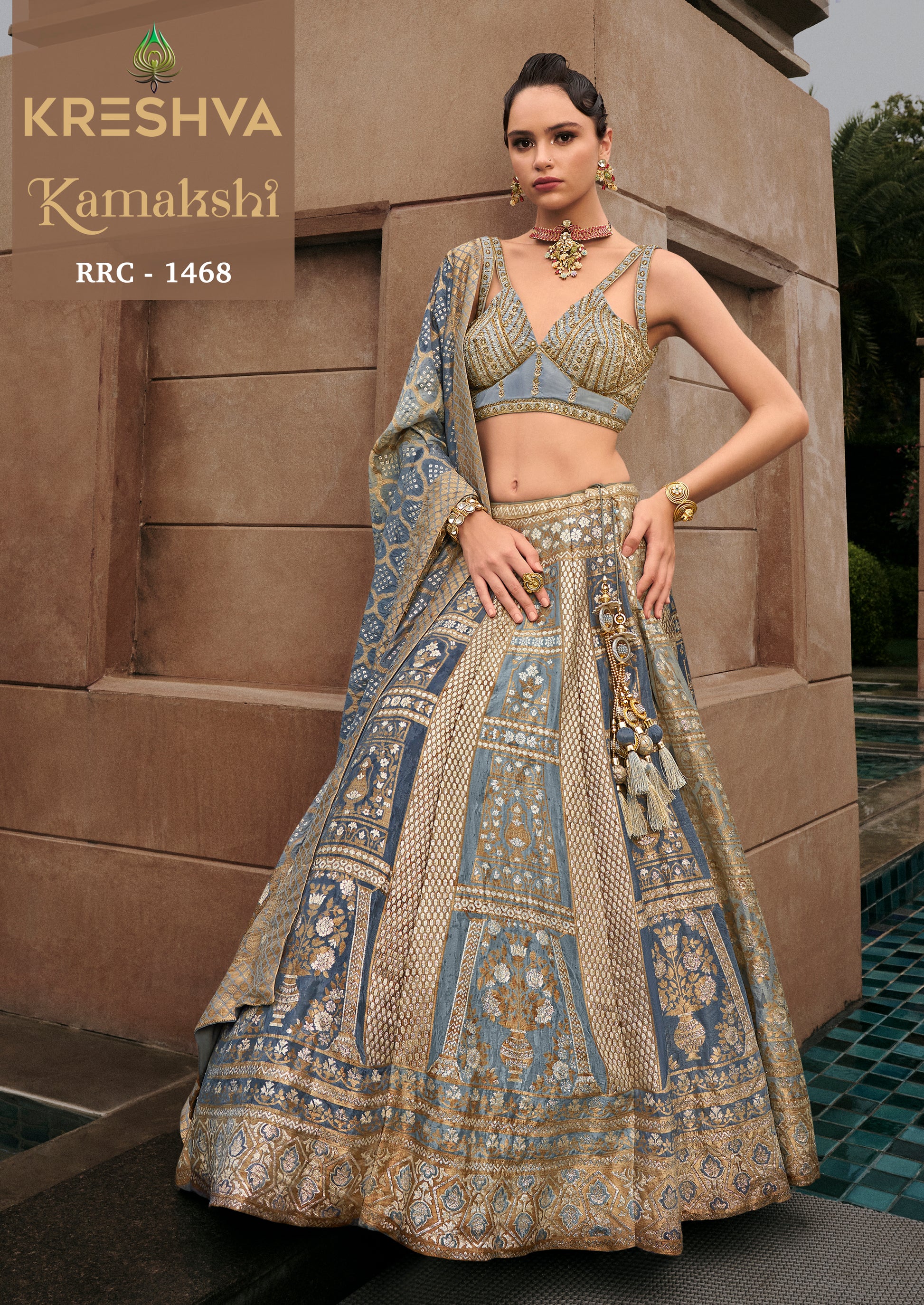 Dusty Blue & Antique Gold Banarasi Silk Lehenga Choli with Embroidered V-Neck Blouse