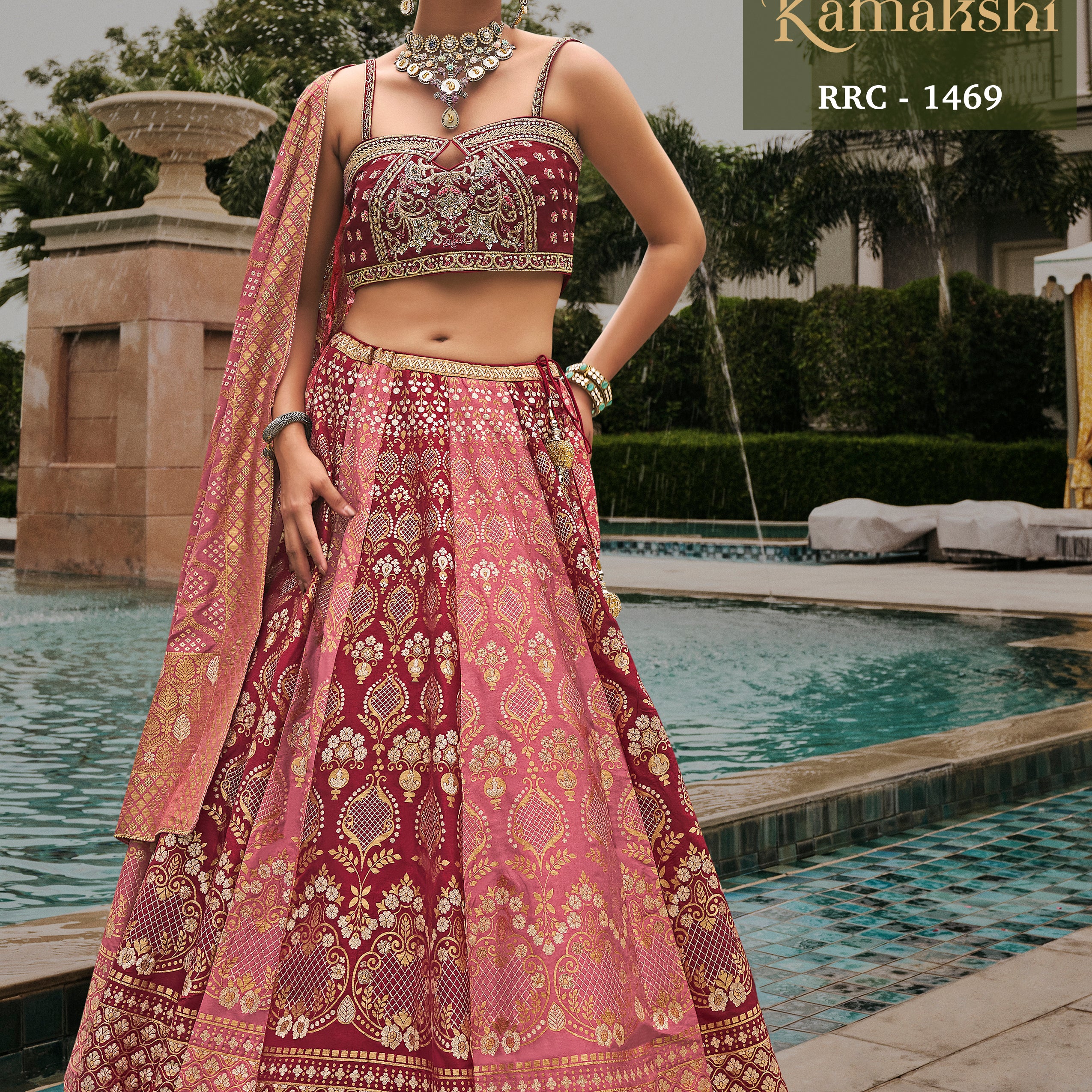 Deep Wine & Blush Pink Dual-Tone Banarasi Silk Lehenga Choli with Embroidered Sweetheart Blouse