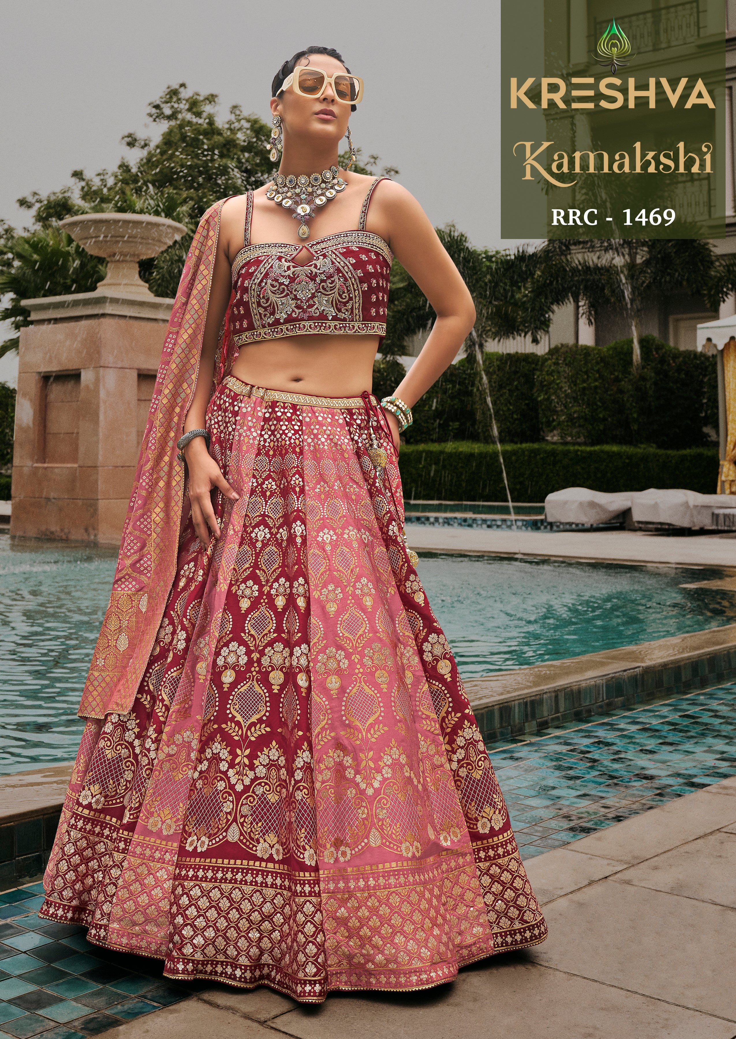 Deep Wine & Blush Pink Dual-Tone Banarasi Silk Lehenga Choli with Embroidered Sweetheart Blouse