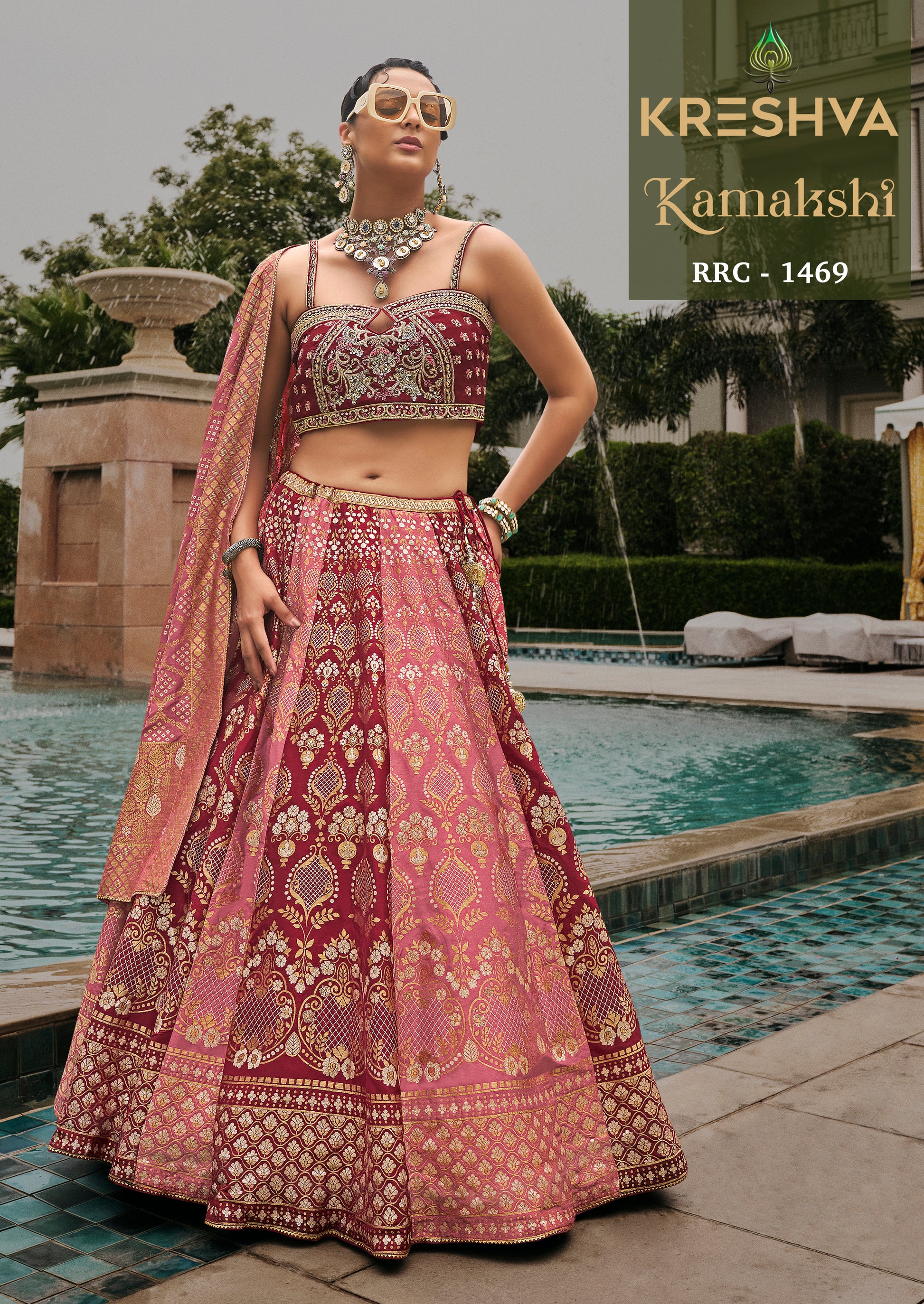 Deep Wine & Blush Pink Dual-Tone Banarasi Silk Lehenga Choli with Embroidered Sweetheart Blouse