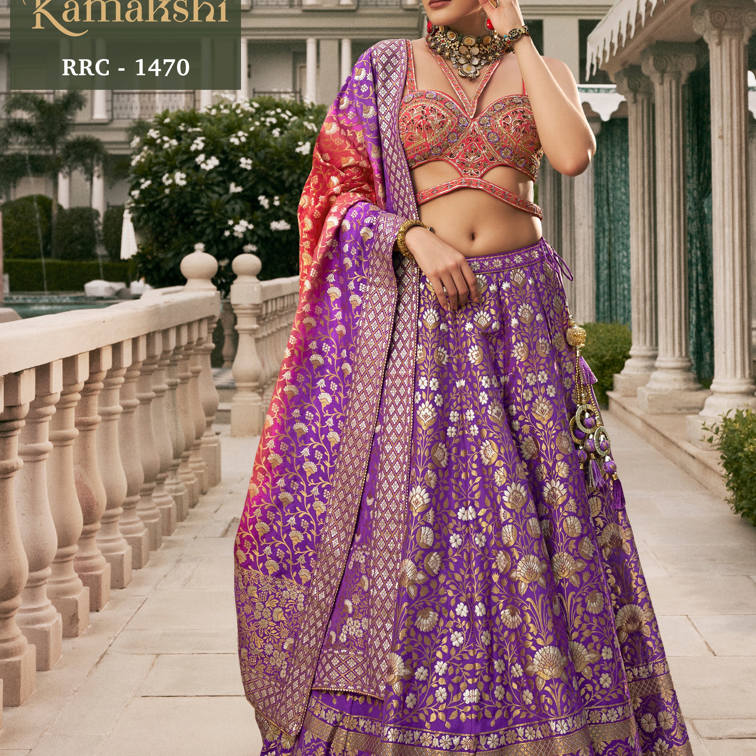 Royal Purple Banarasi Silk Lehenga with Orange Cut-Out Designer Blouse