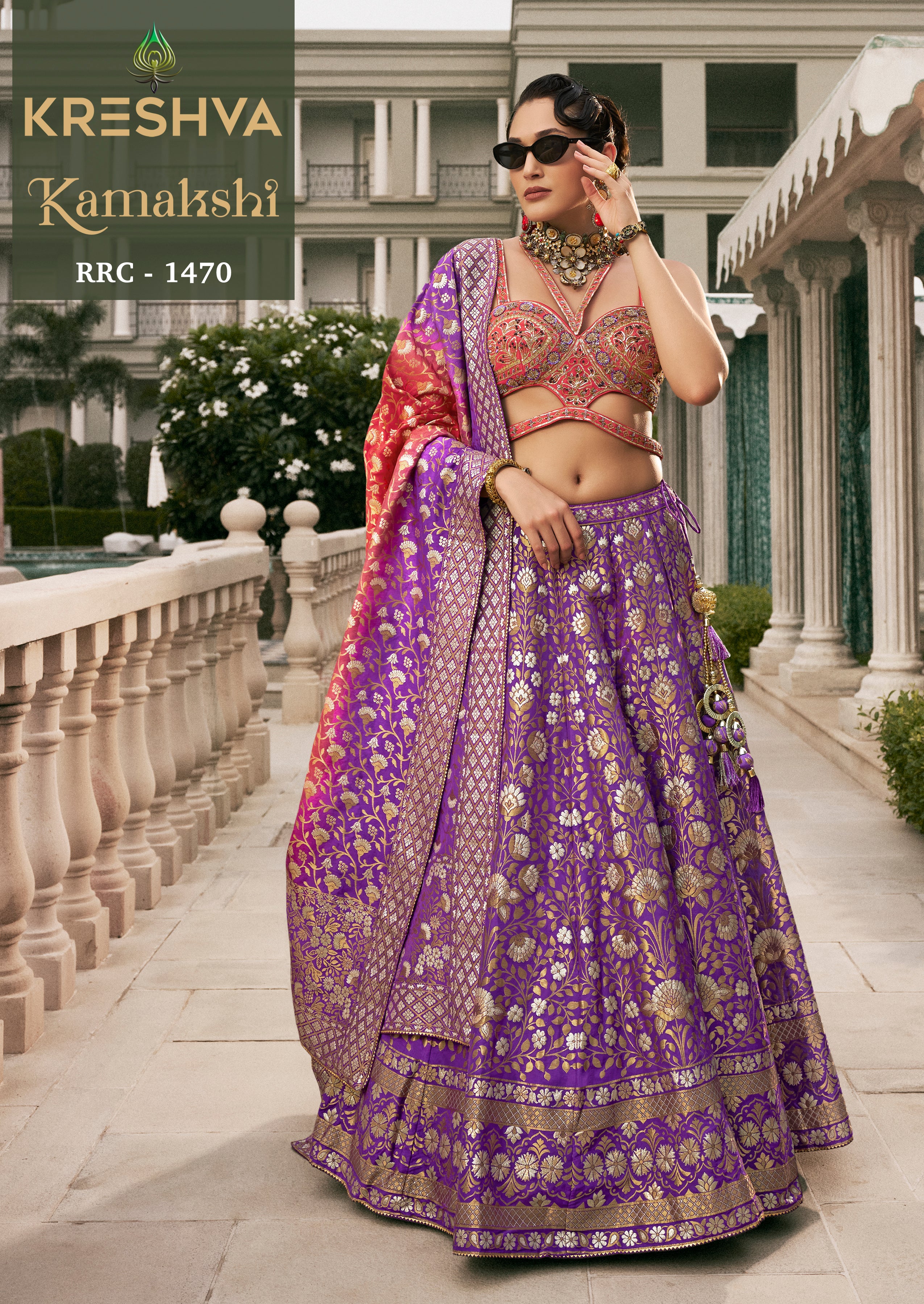 Royal Purple Banarasi Silk Lehenga with Orange Cut-Out Designer Blouse
