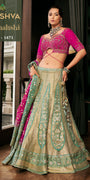 Seafoam Green Banarasi Silk Lehenga with Magenta Pink Cut-Out Embroidered Choli