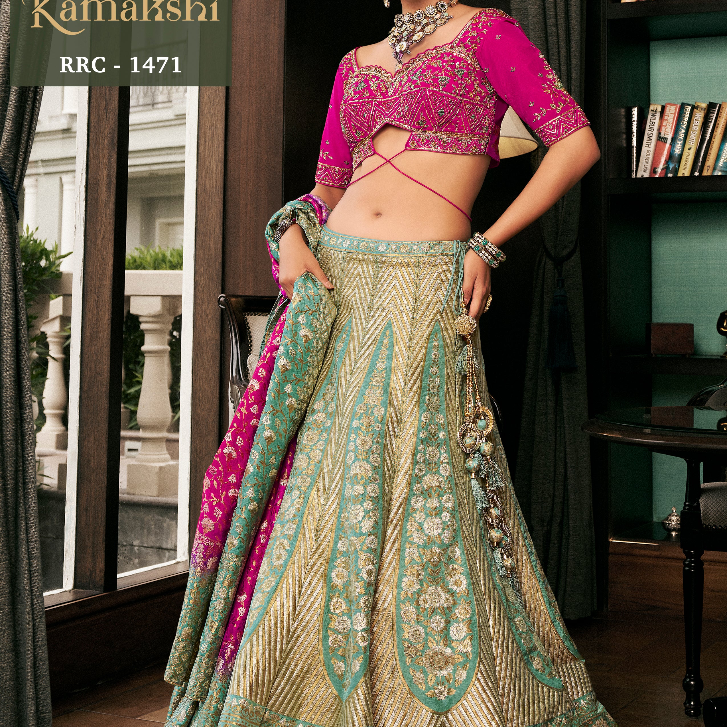 Seafoam Green Banarasi Silk Lehenga with Magenta Pink Cut-Out Embroidered Choli