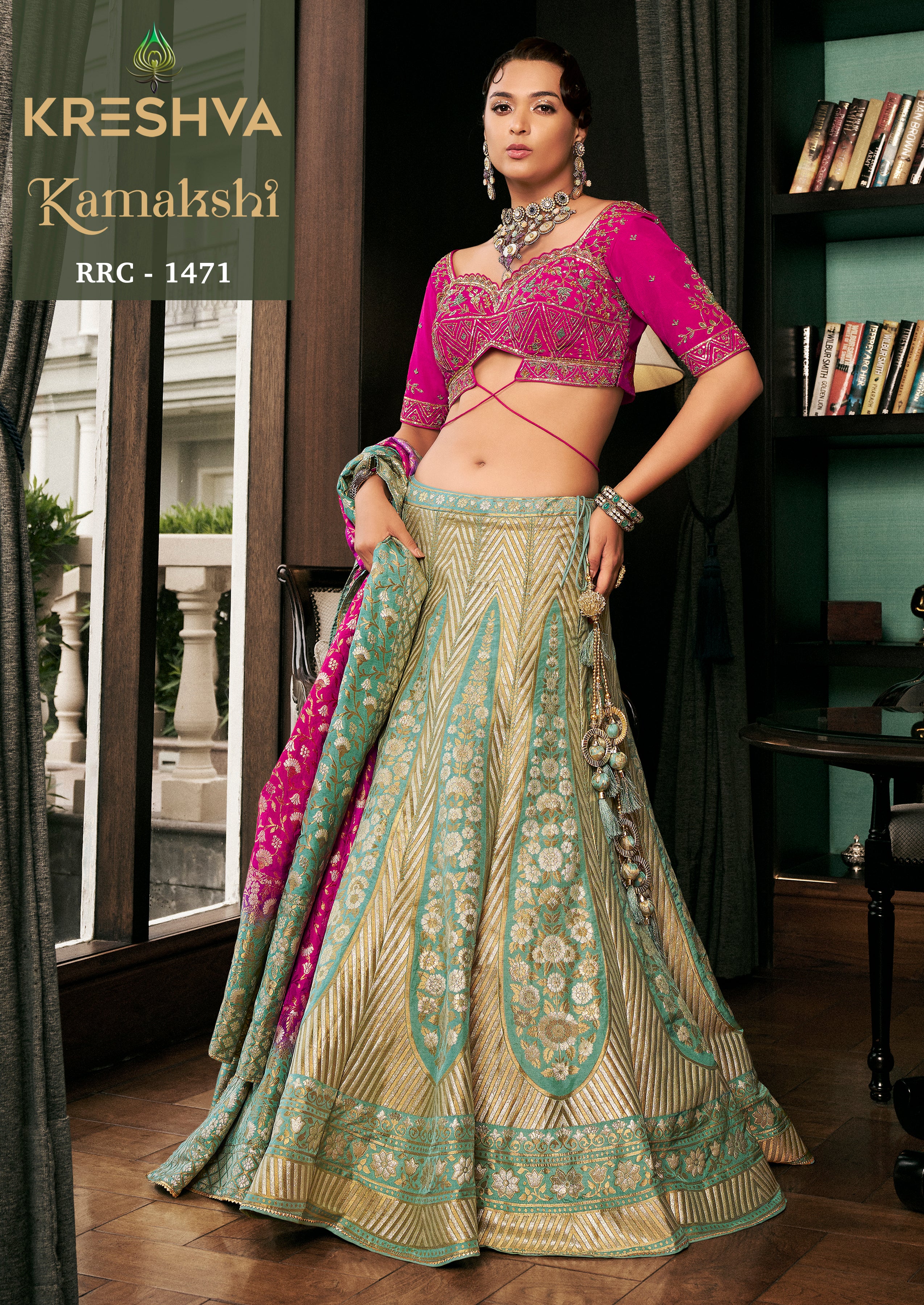 Seafoam Green Banarasi Silk Lehenga with Magenta Pink Cut-Out Embroidered Choli