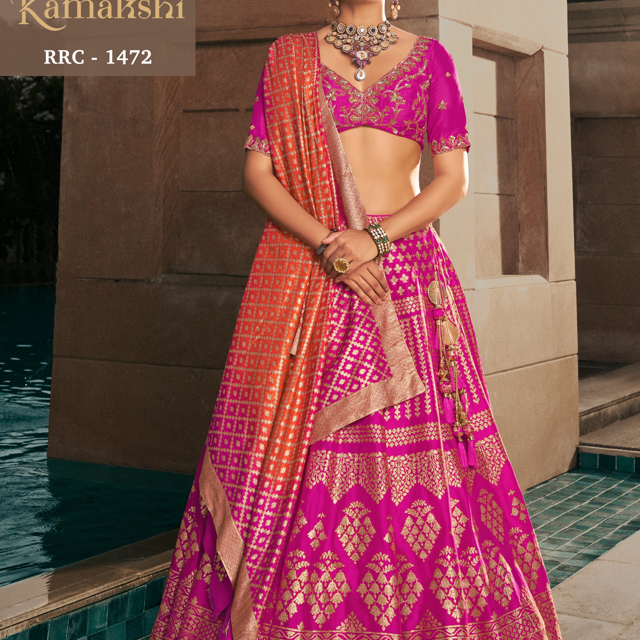 Rani Pink & Orange Banarasi Silk Lehenga Choli with Gold Zari Floral Buttis