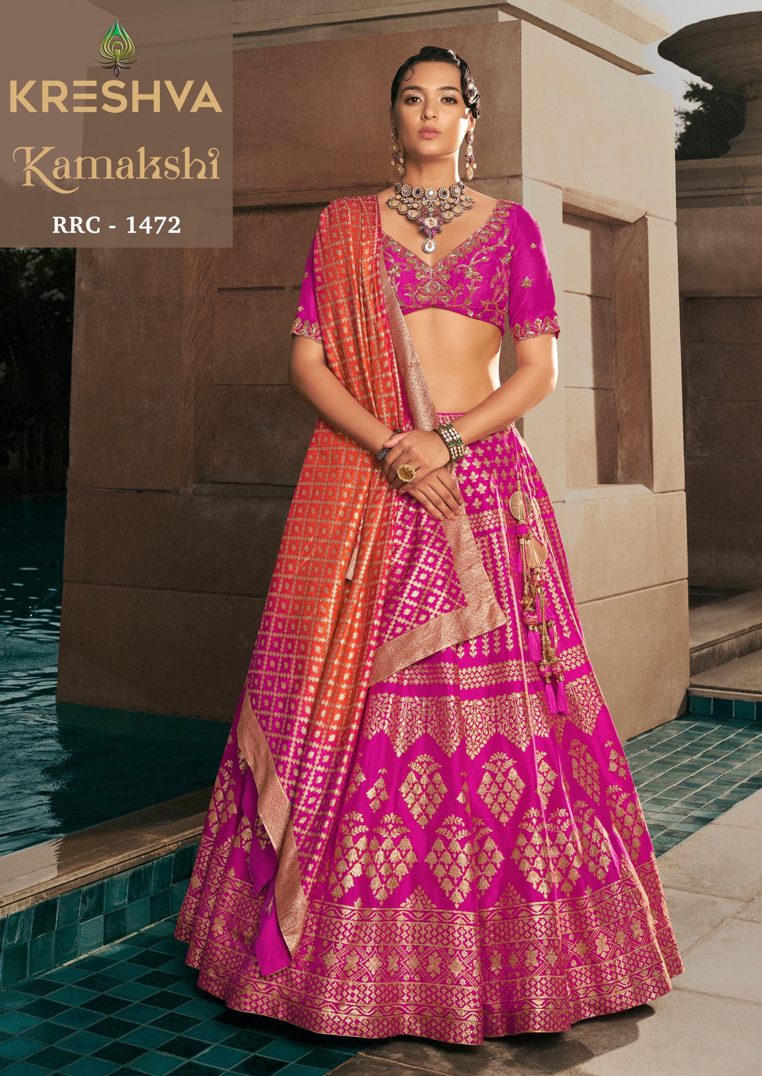 Rani Pink & Orange Banarasi Silk Lehenga Choli with Gold Zari Floral Buttis