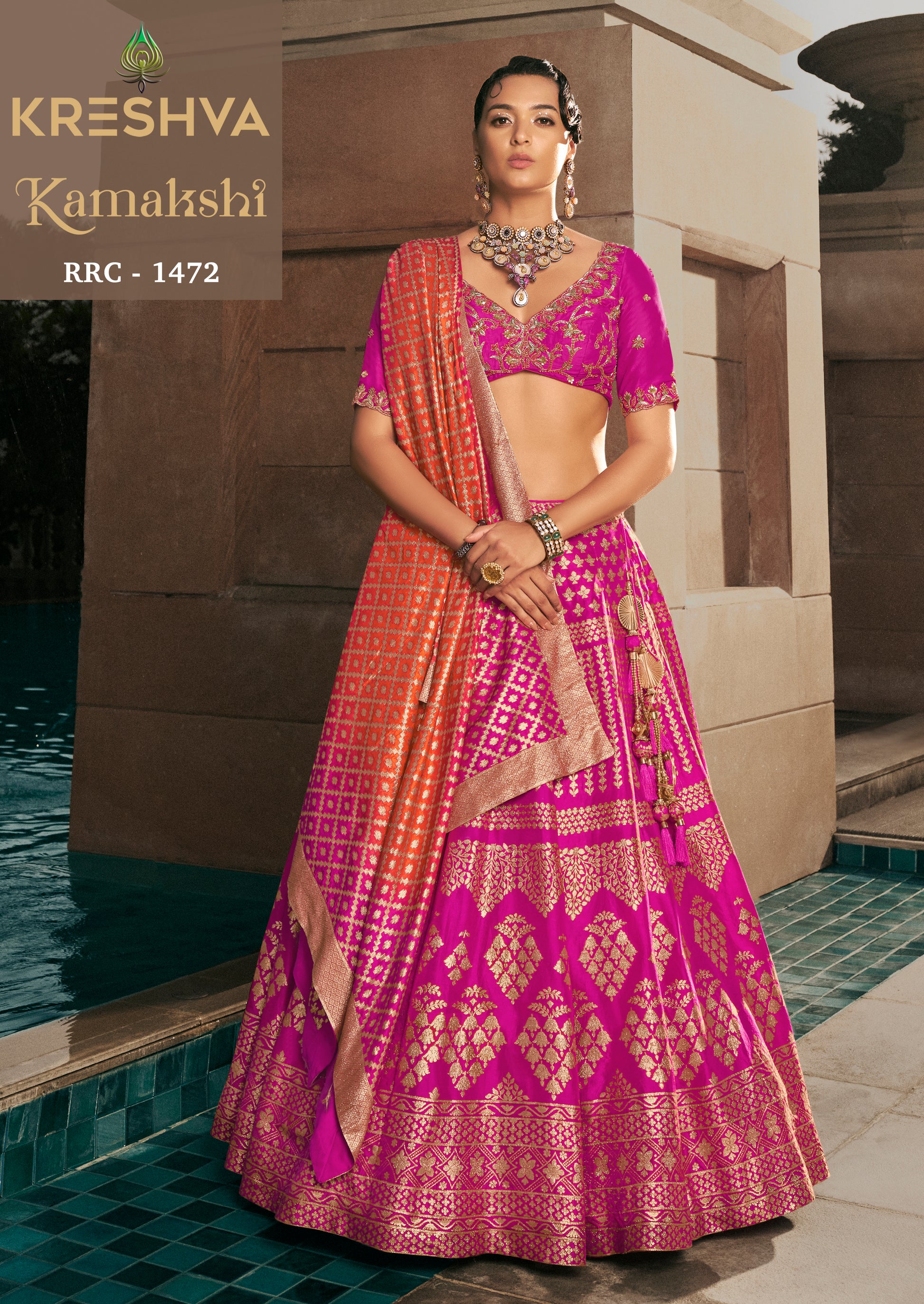 Rani Pink & Orange Banarasi Silk Lehenga Choli with Gold Zari Floral Buttis