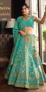 Turquoise Blue Banarasi Silk Lehenga Choli with Champagne Gold Zari Weaving