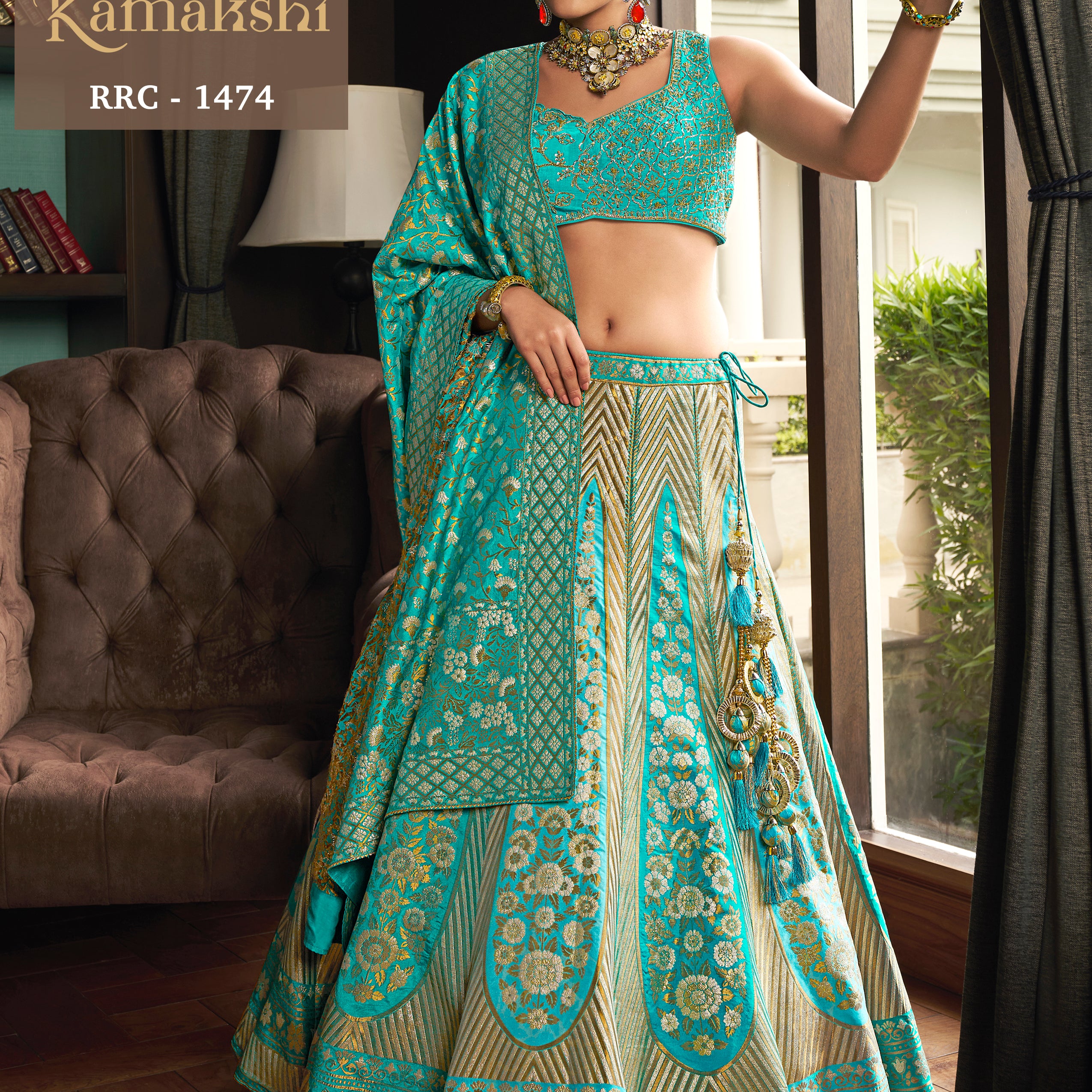 Turquoise Blue Banarasi Silk Lehenga Choli with Champagne Gold Zari Weaving
