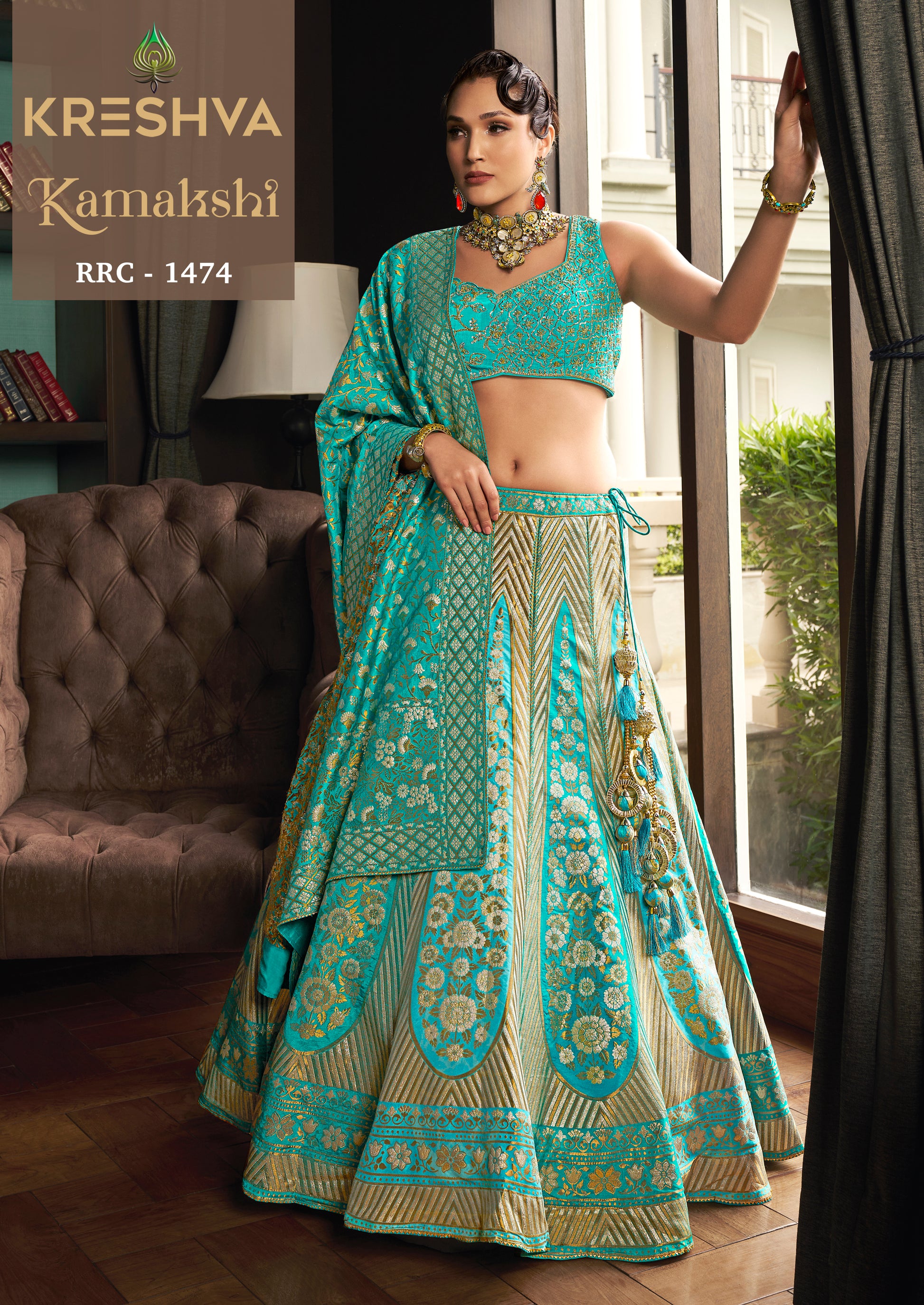 Turquoise Blue Banarasi Silk Lehenga Choli with Champagne Gold Zari Weaving