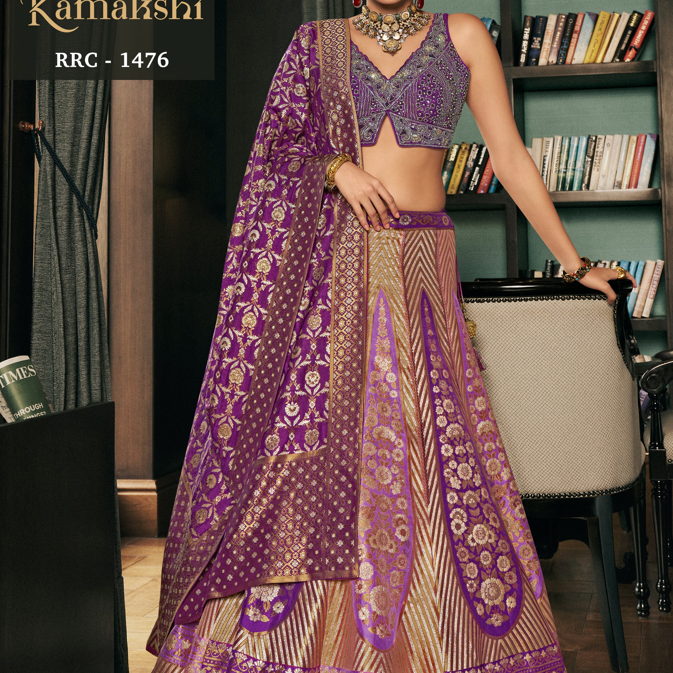 Royal Purple & Gold Banarasi Silk Lehenga with Designer Cut-Out V-Neck Choli