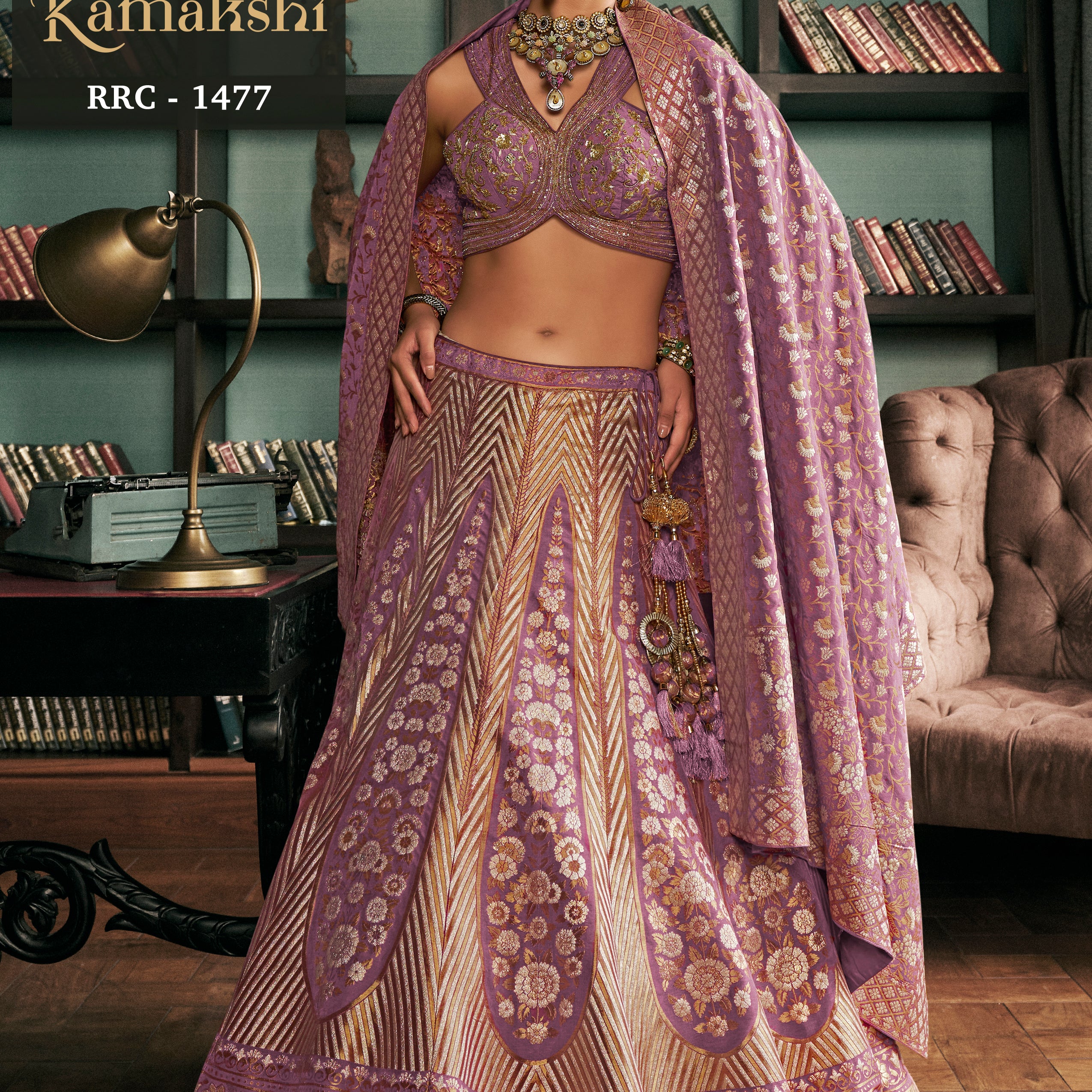 Mauve Lavender Banarasi Silk Lehenga with Designer Halter-Style Embroidered Choli