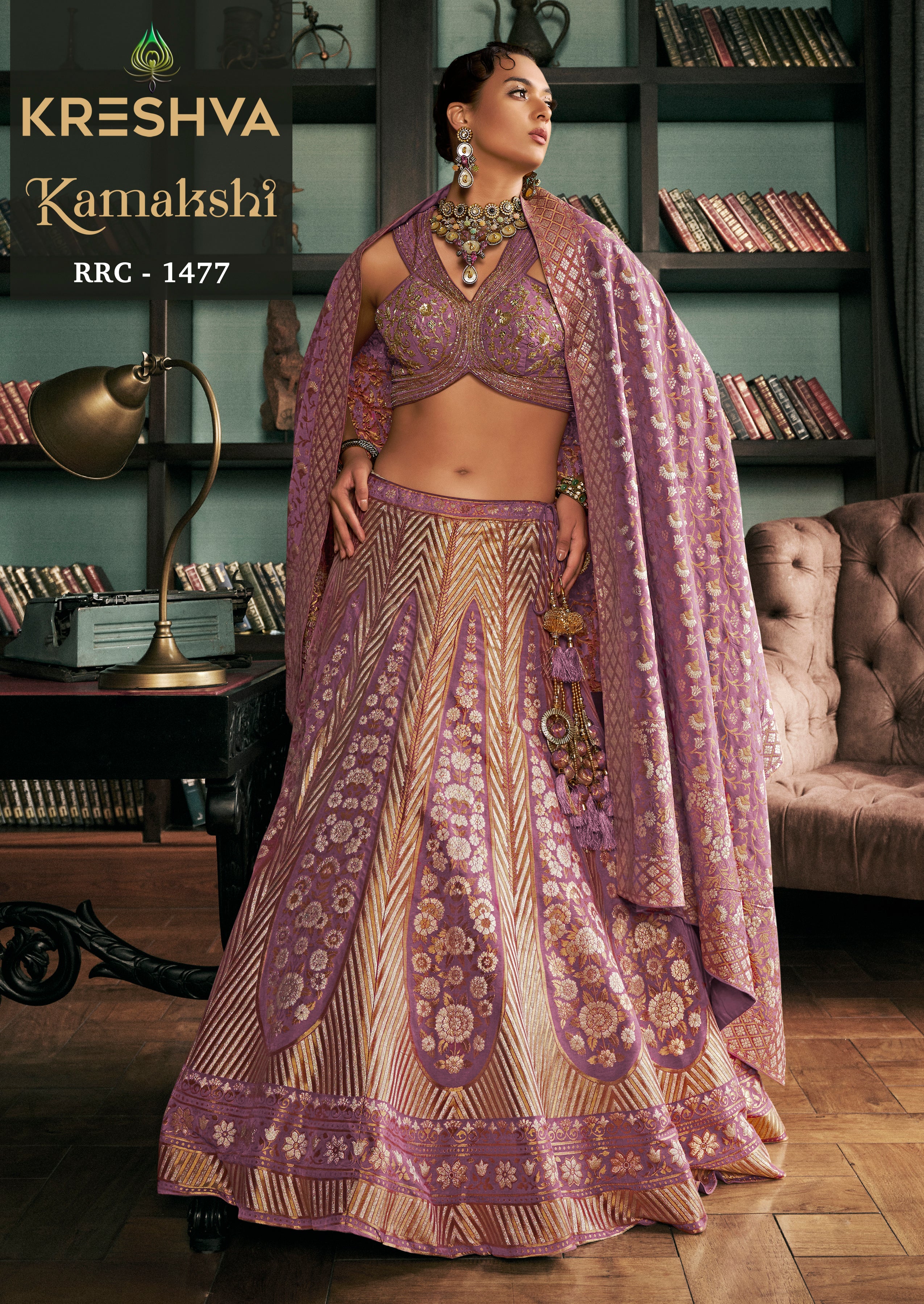 Mauve Lavender Banarasi Silk Lehenga with Designer Halter-Style Embroidered Choli