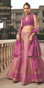 Magenta Pink & Gold Banarasi Silk Lehenga with Designer Cut-Out V-Neck Choli