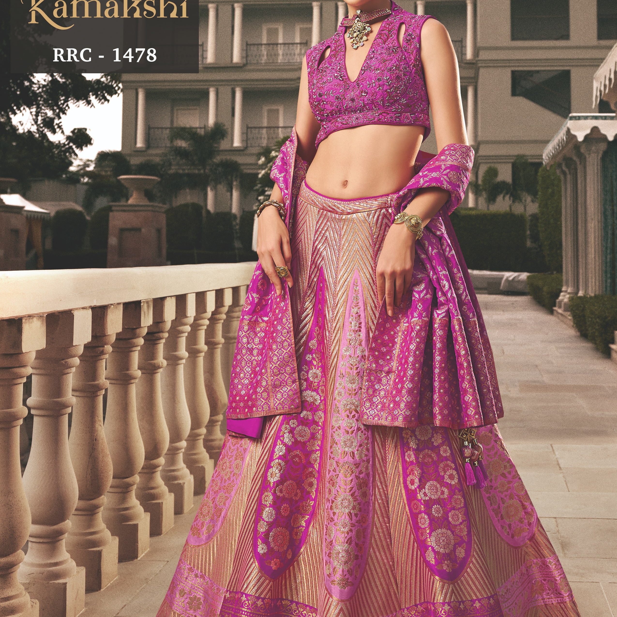 Magenta Pink & Gold Banarasi Silk Lehenga with Designer Cut-Out V-Neck Choli