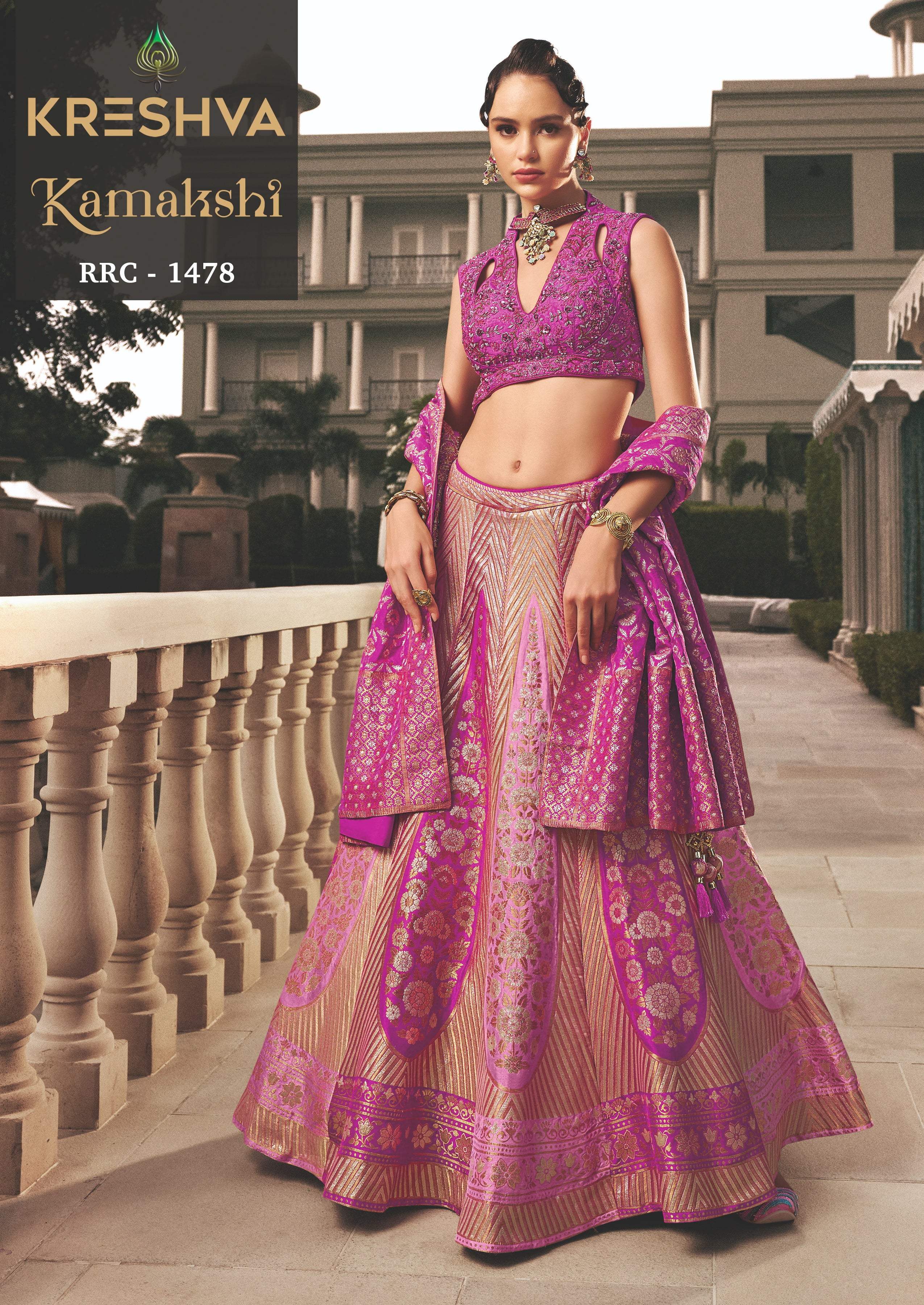 Magenta Pink & Gold Banarasi Silk Lehenga with Designer Cut-Out V-Neck Choli