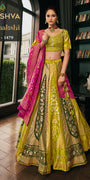 Lime Green & Gold Banarasi Silk Lehenga with Magenta Pink Contrast Dupatta