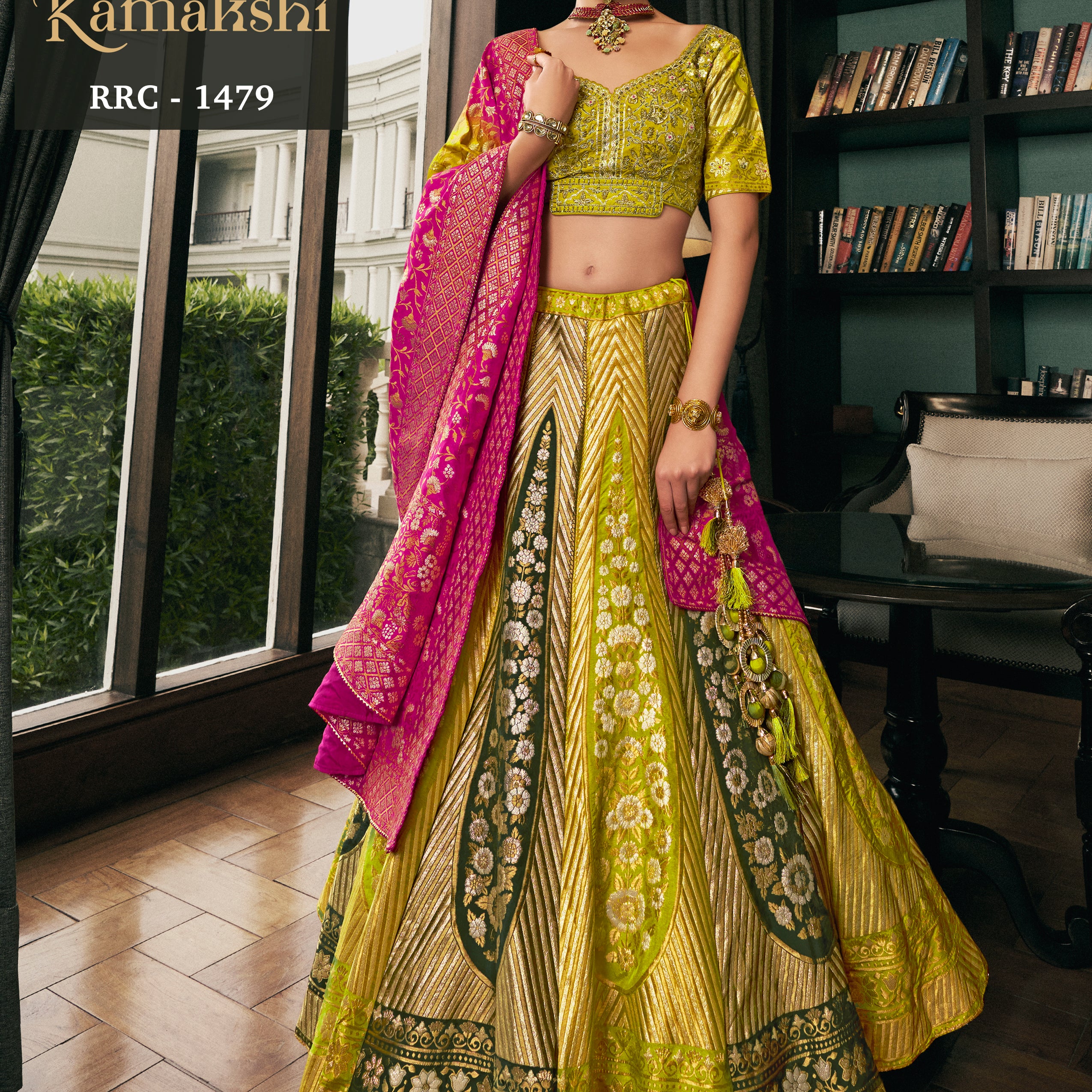 Lime Green & Gold Banarasi Silk Lehenga with Magenta Pink Contrast Dupatta