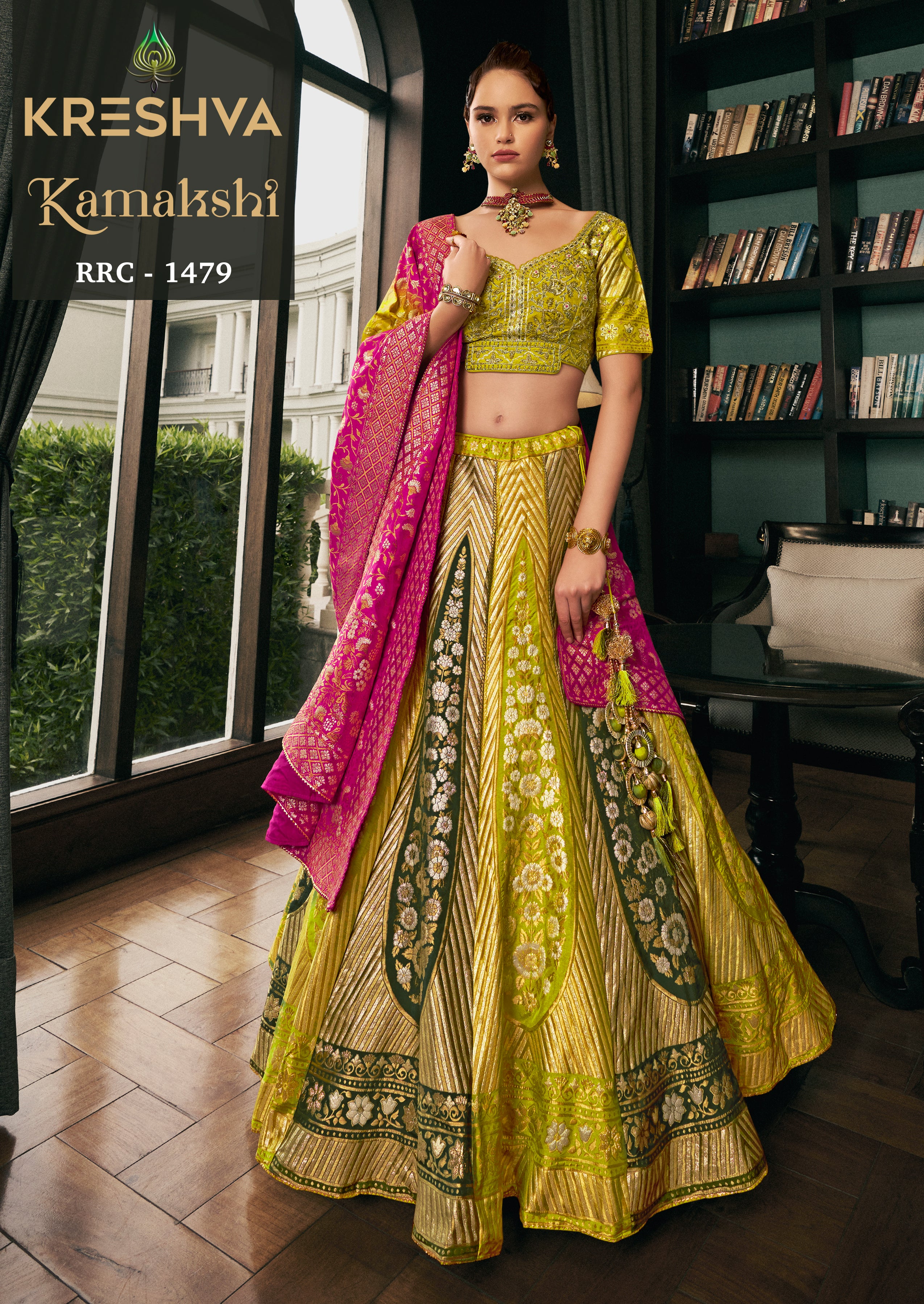 Lime Green & Gold Banarasi Silk Lehenga with Magenta Pink Contrast Dupatta