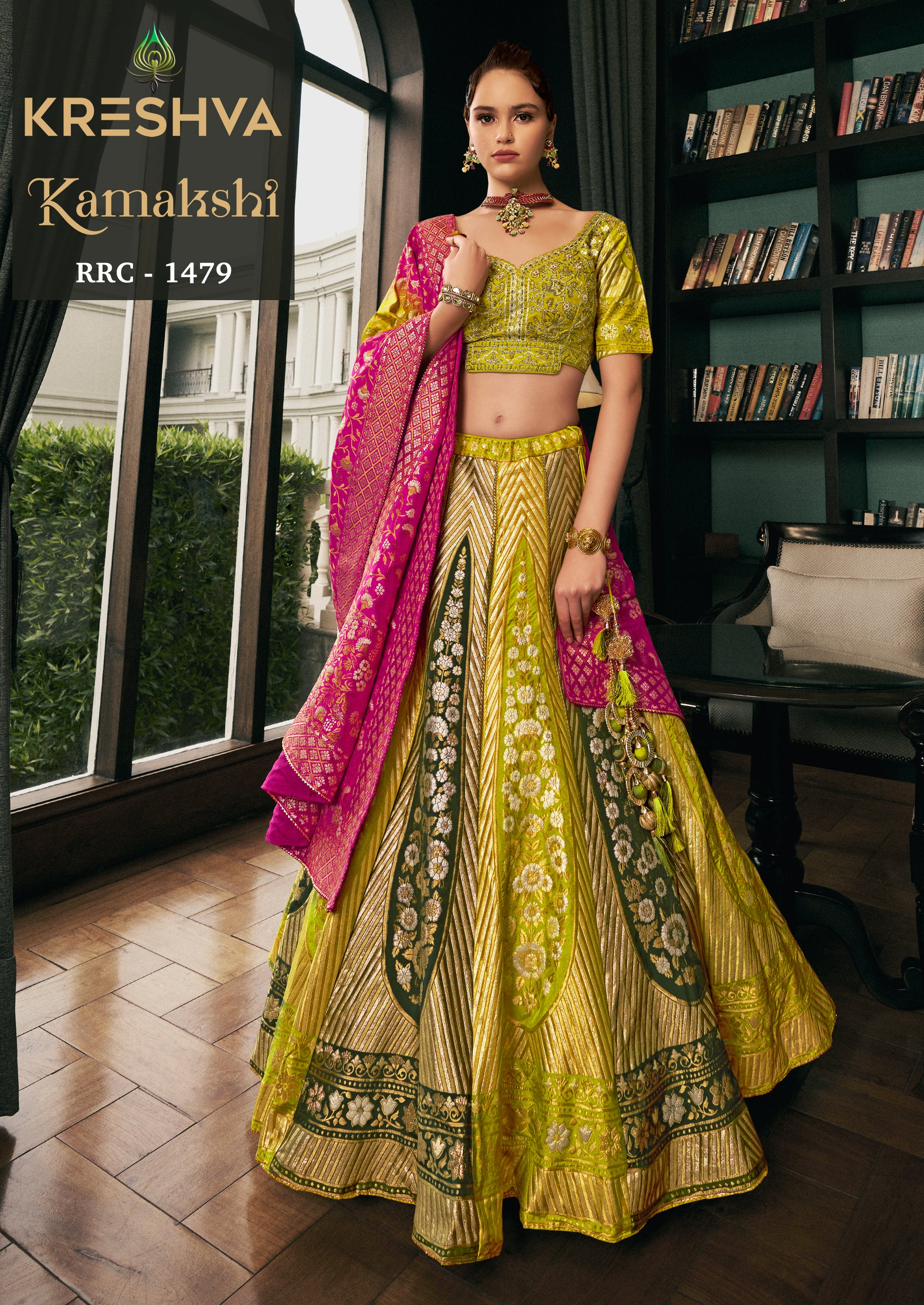 Lime Green & Gold Banarasi Silk Lehenga with Magenta Pink Contrast Dupatta