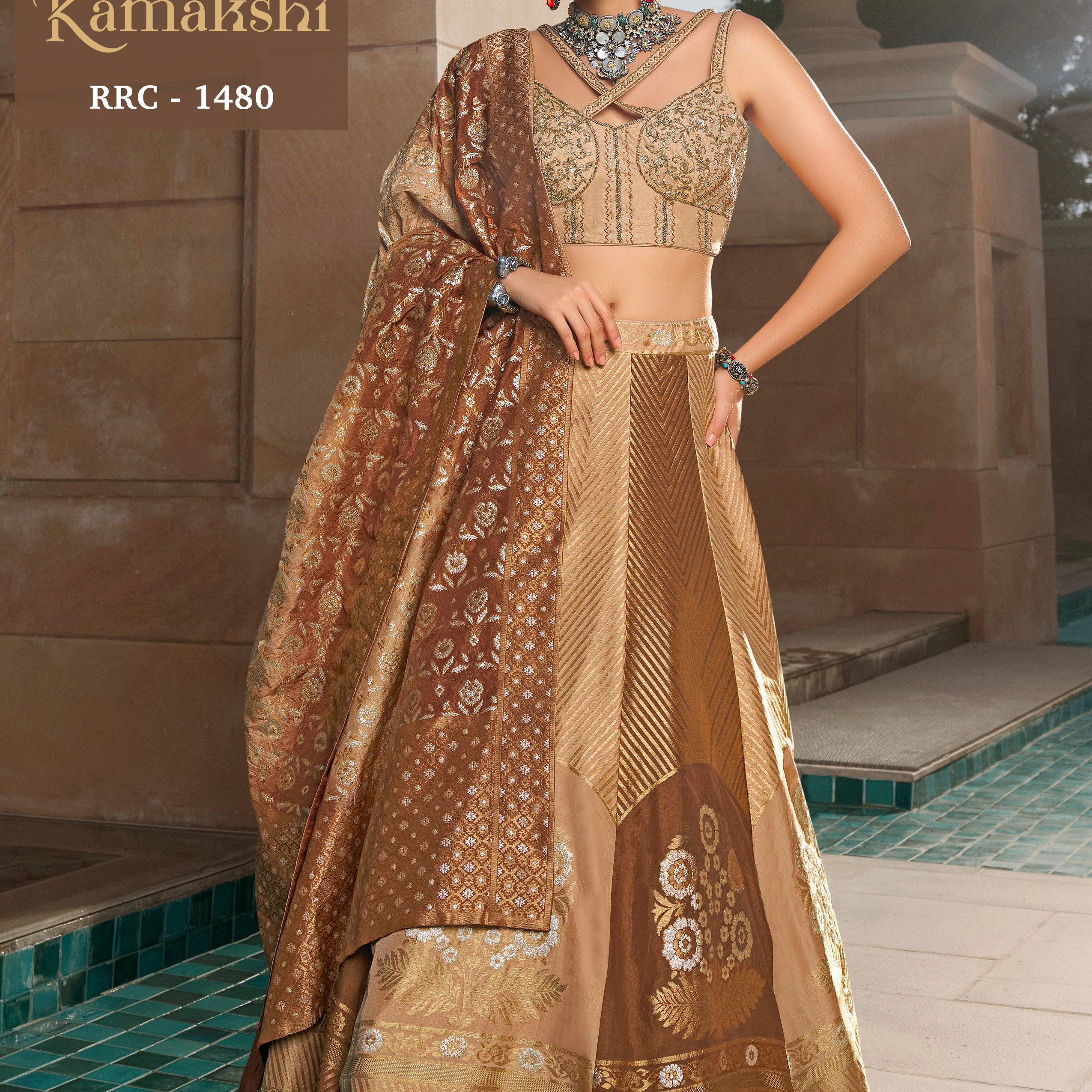 Champagne Gold & Coffee Brown Banarasi Silk Lehenga with Designer Cross-Strap Choli