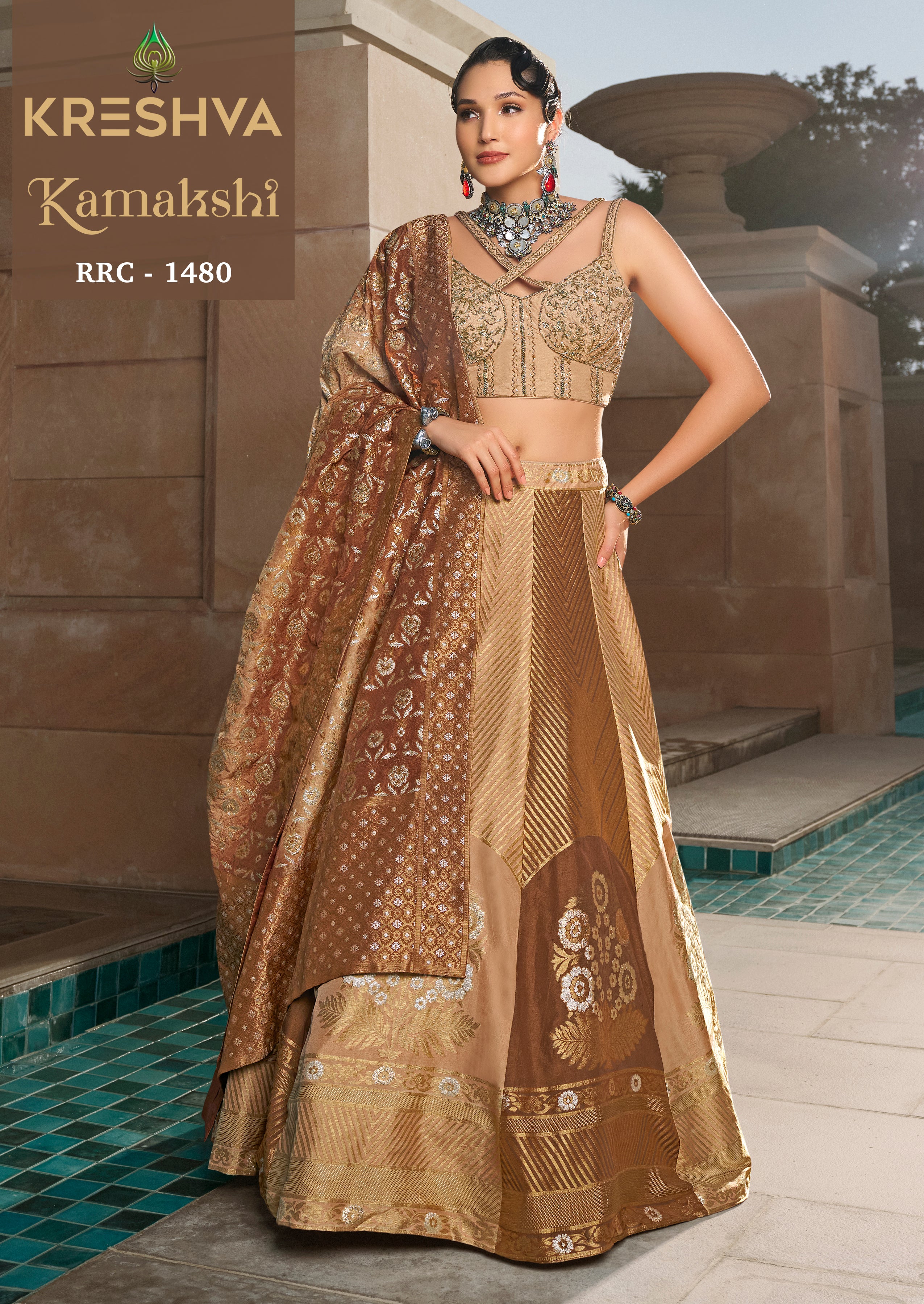 Champagne Gold & Coffee Brown Banarasi Silk Lehenga with Designer Cross-Strap Choli