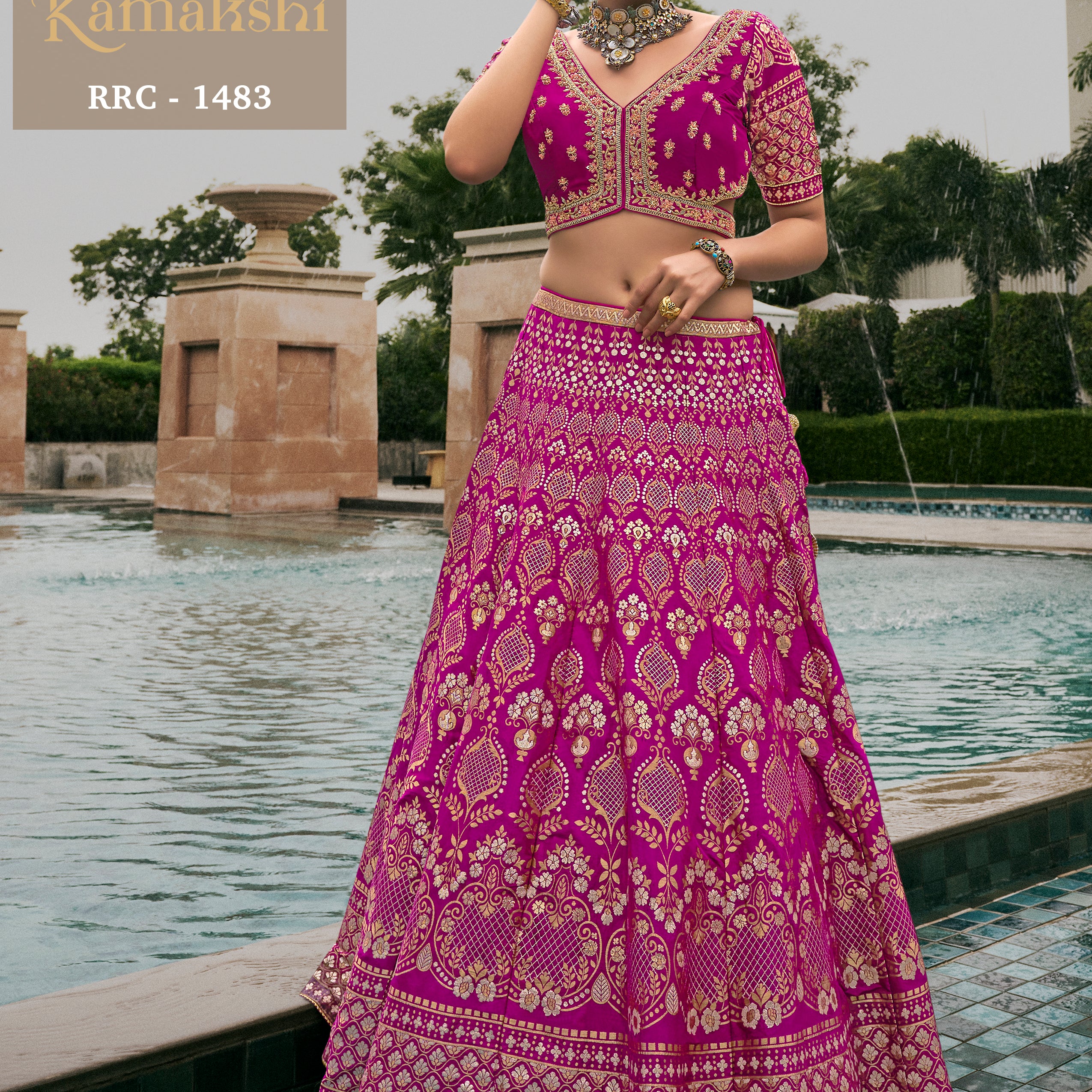Magenta Pink Banarasi Silk Lehenga with Intricate Gold Damask Zari Weaving