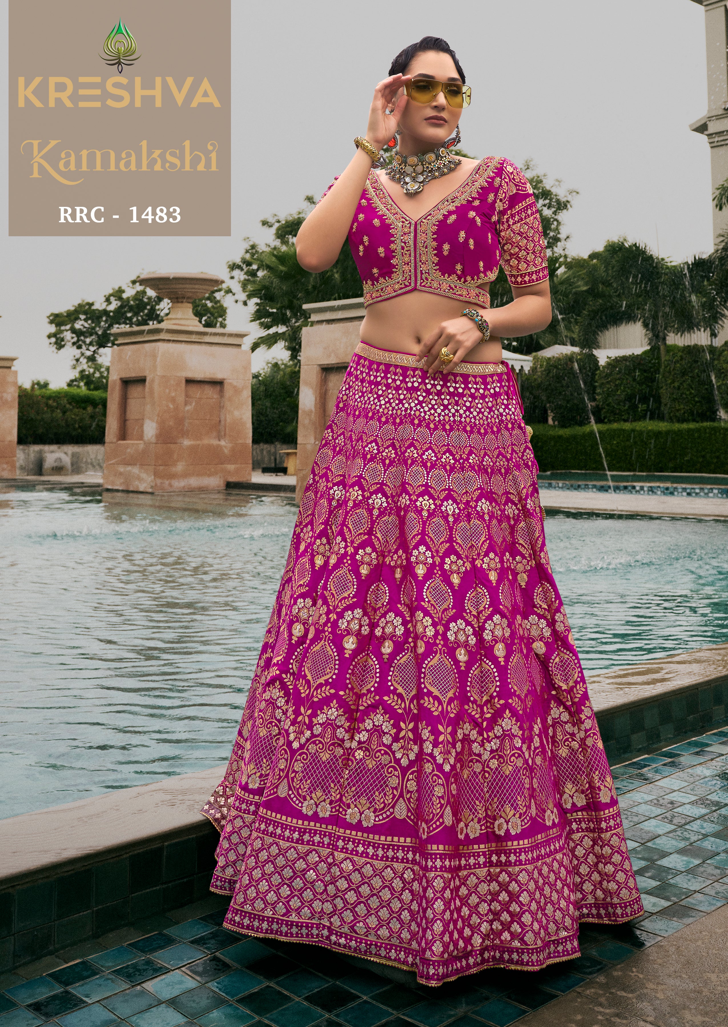 Magenta Pink Banarasi Silk Lehenga with Intricate Gold Damask Zari Weaving