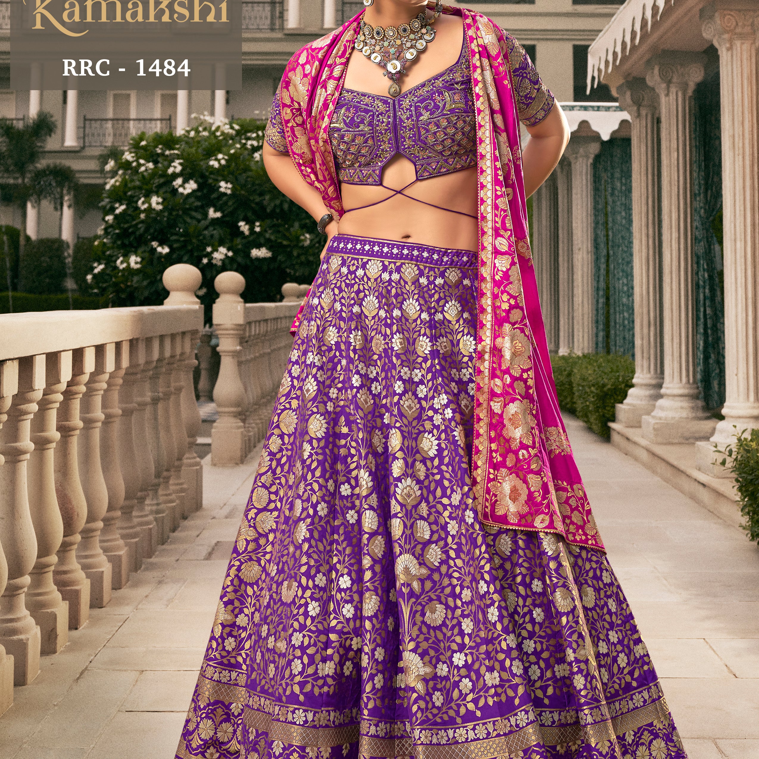 Royal Violet Banarasi Silk Lehenga with Magenta Pink Contrast Dupatta & Cut-Out Designer Choli