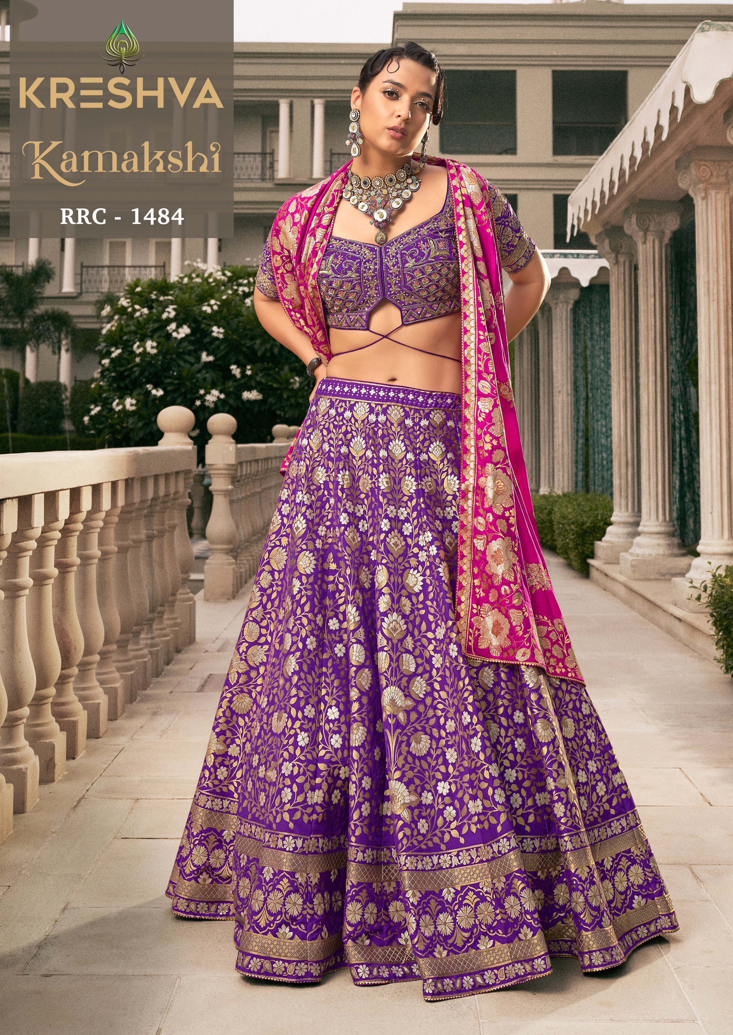 Royal Violet Banarasi Silk Lehenga with Magenta Pink Contrast Dupatta & Cut-Out Designer Choli