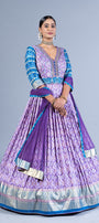 Exquisite Lavender & Teal Patola Silk Fusion Gown with Sequined V-Neck and Net Dupatta